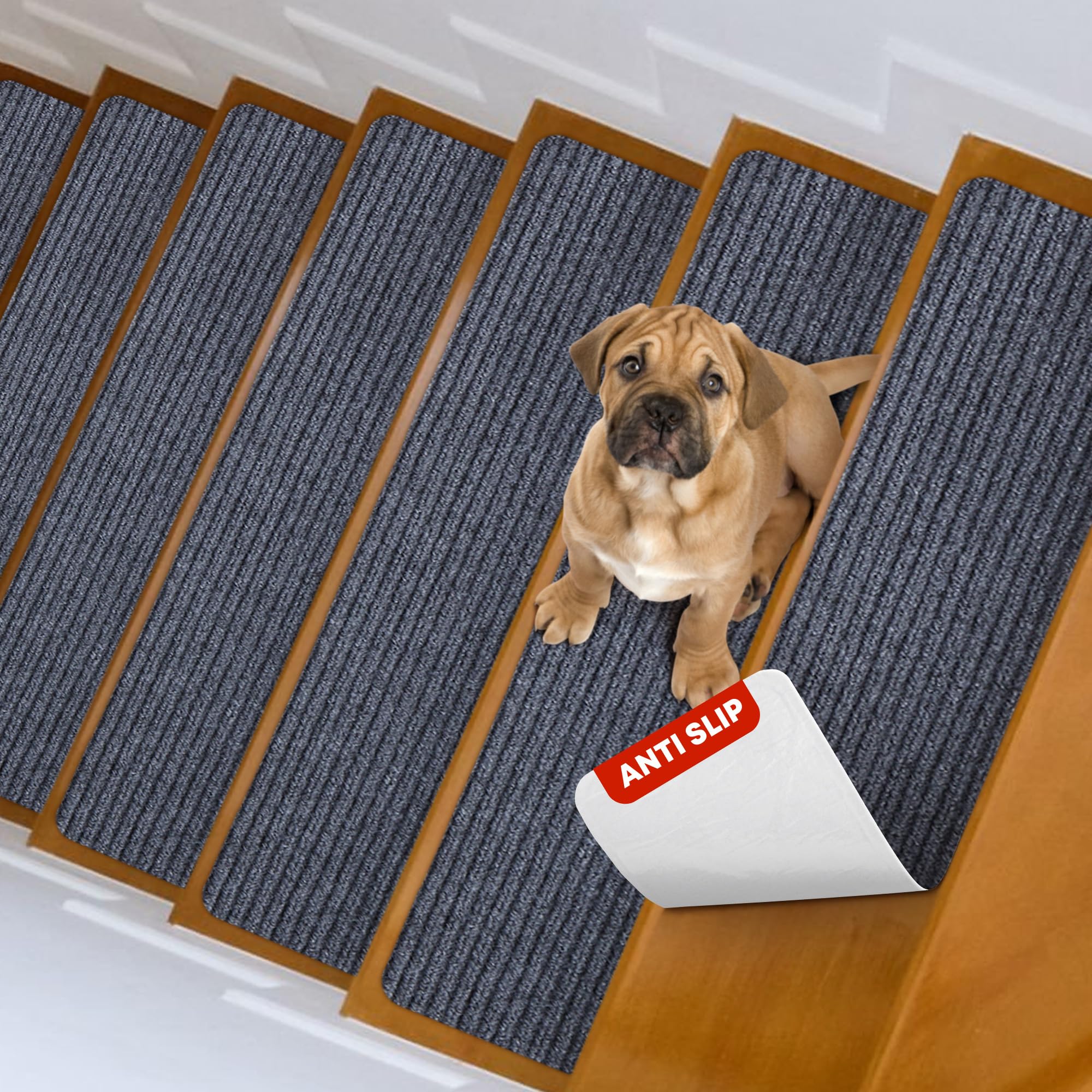 MBIGM Non-Slip Carpet Stair Treads | 15 Pack Grey Safety Rugs | 8" x 25.6"