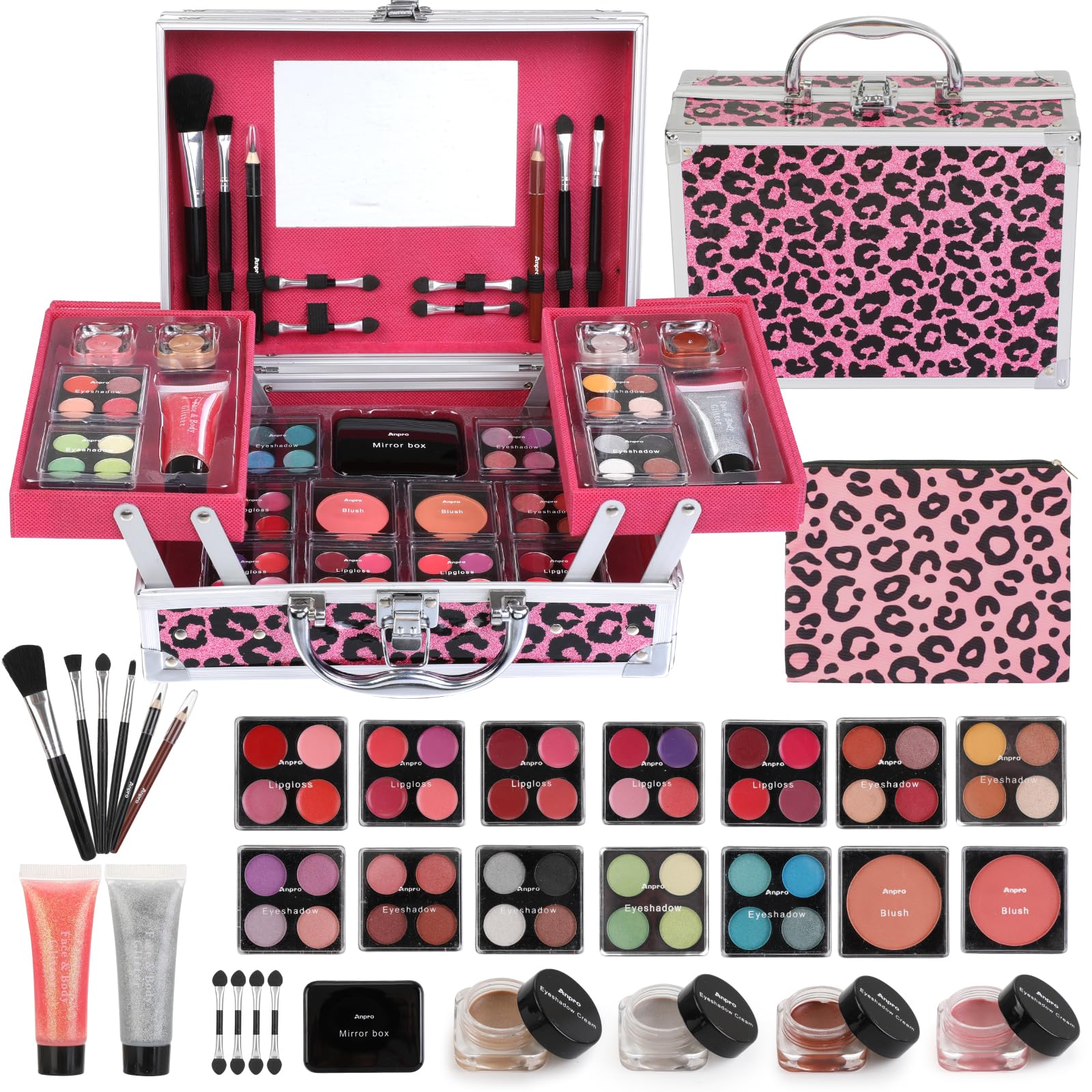 Anpro All-in-One Makeup Set – 34 Pcs Leopard Cosmetic Kit for Teens