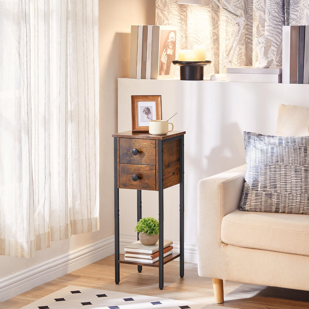 HOOBRO Narrow Bedside Table Set of 2 | 2-Drawer Slim Nightstand, Rustic Brown