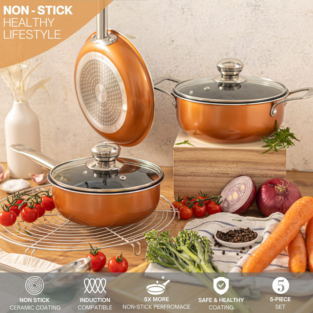 Nuovva 5-Piece Non-Stick Copper Cookware Set | Oven & Induction Safe