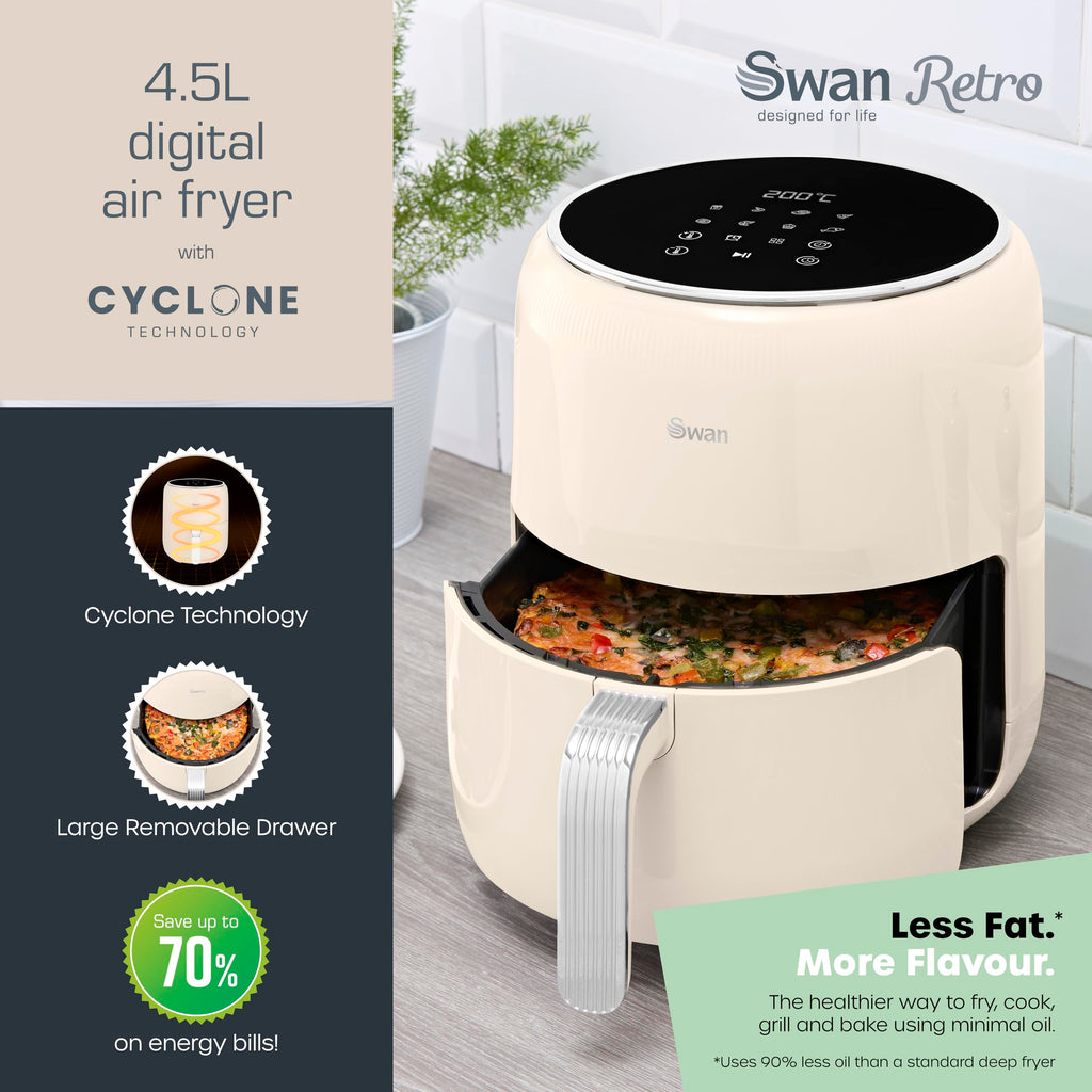 Swan Retro Digital Air Fryer – 4.5L 1500W with 8 Pre-Sets, Cream