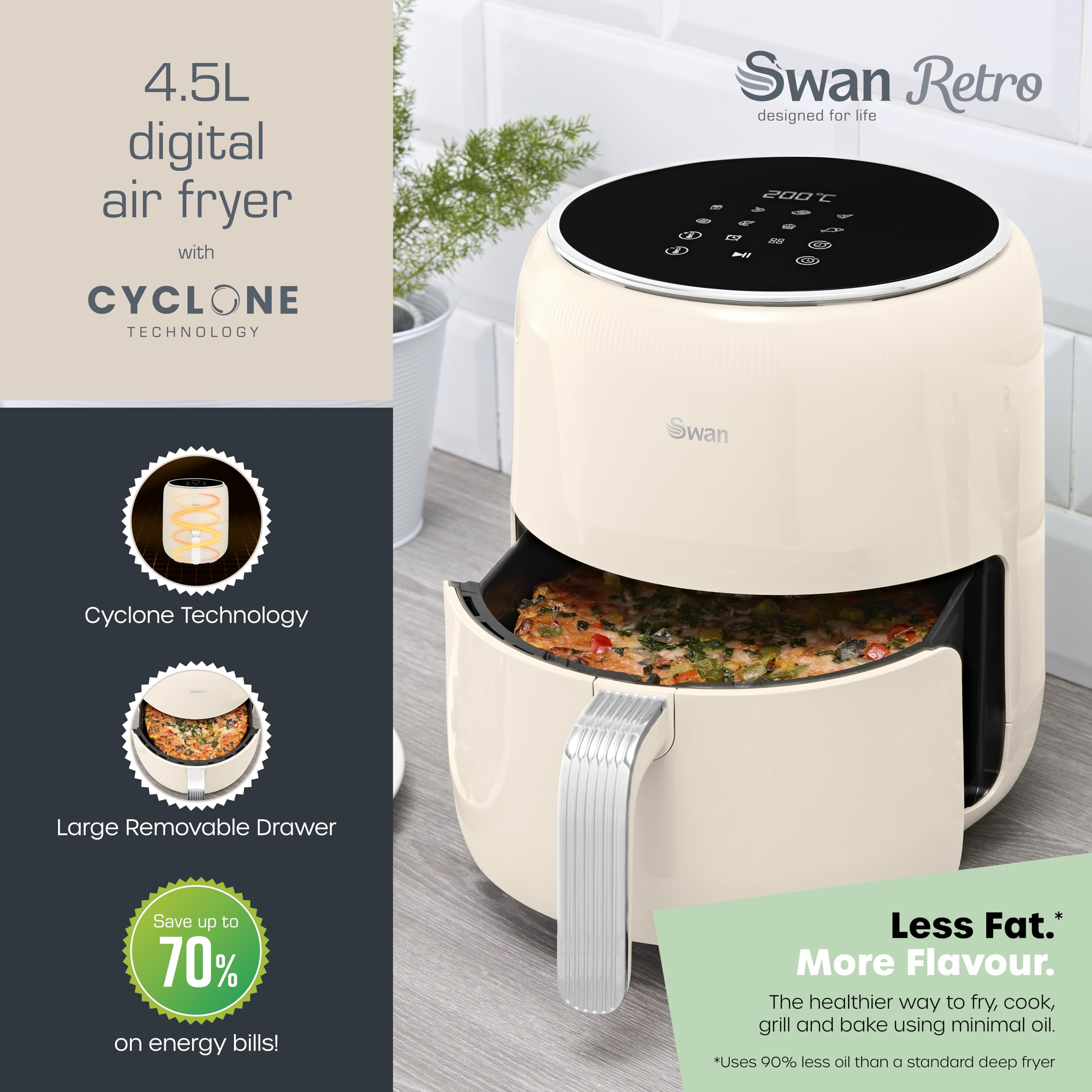 Swan Retro Digital Air Fryer – 4.5L 1500W with 8 Pre-Sets, Cream