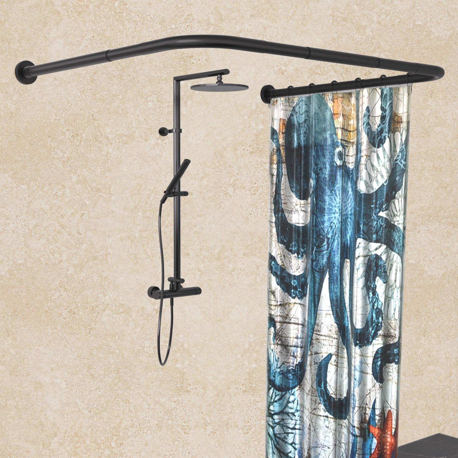 Sikaiqi U-Shaped Corner Shower Curtain Rod - Black 304 Stainless Steel