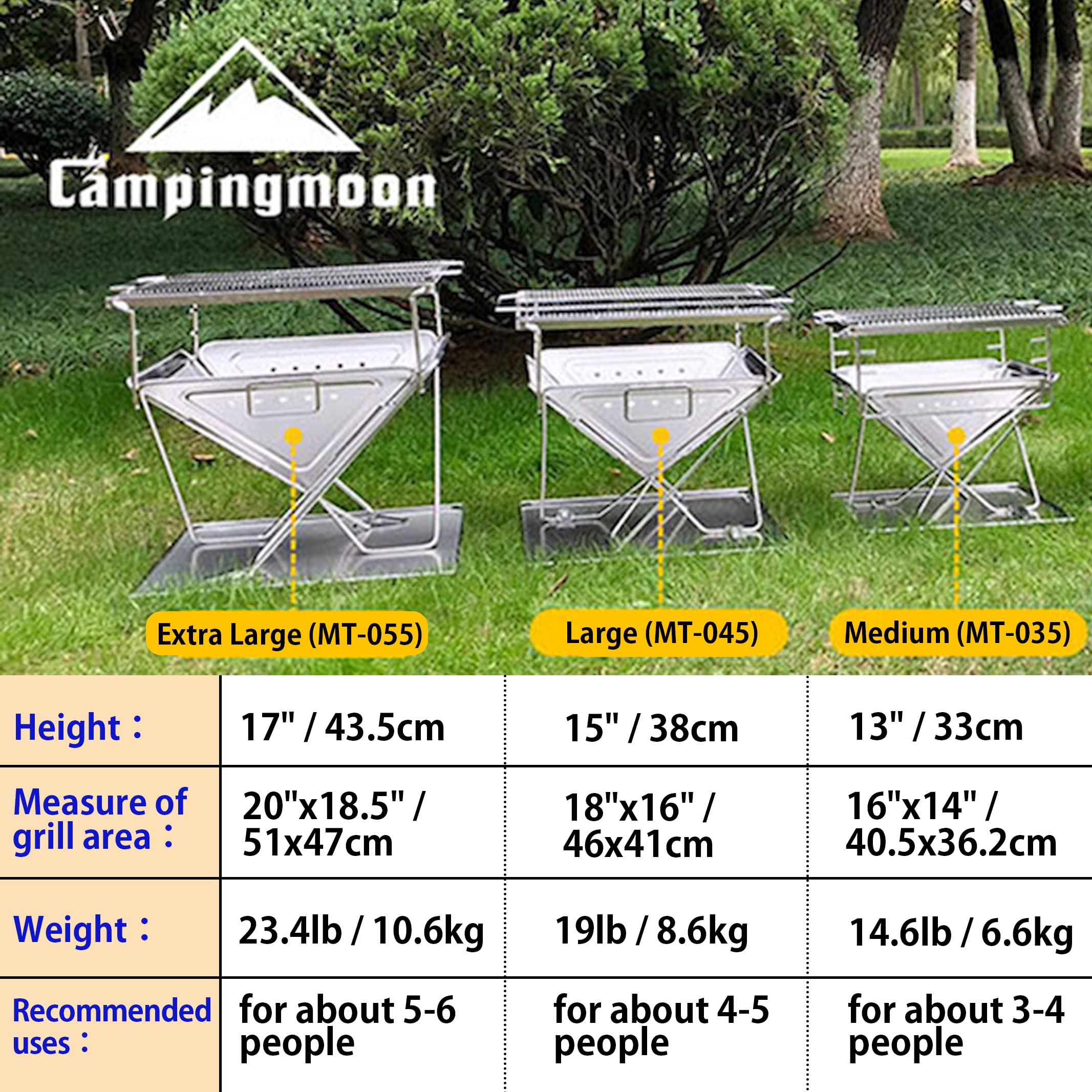 CAMPINGMOON 3-in-1 Portable Stainless Steel Wood Burning Grill & Fire Pit