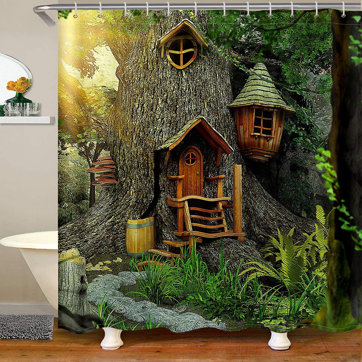 Jolof Store Woodland Tree House Shower Curtain | Waterproof Polyester