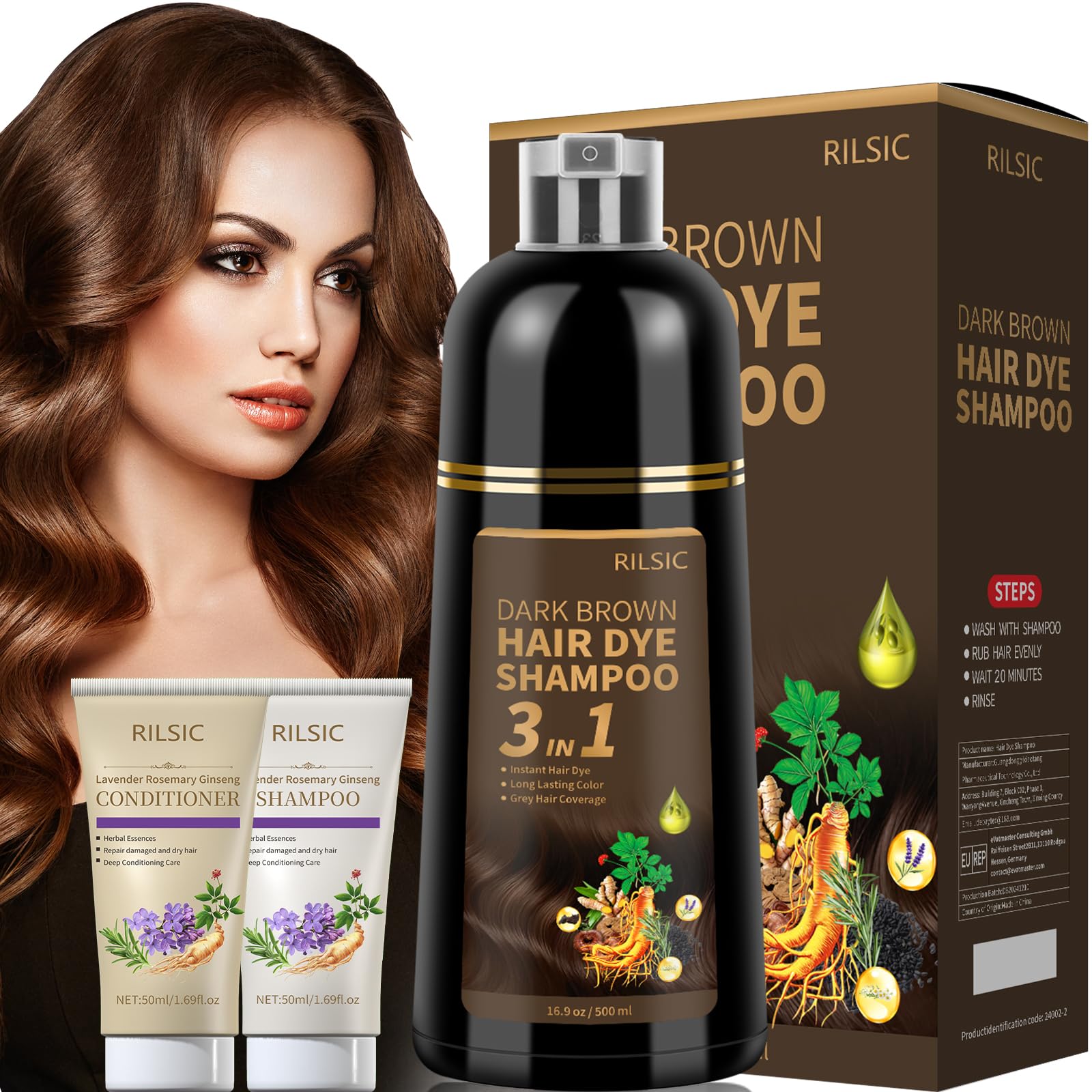 3-in-1 Dark Brown Hair Dye Shampoo for Grey Hair - 600ml