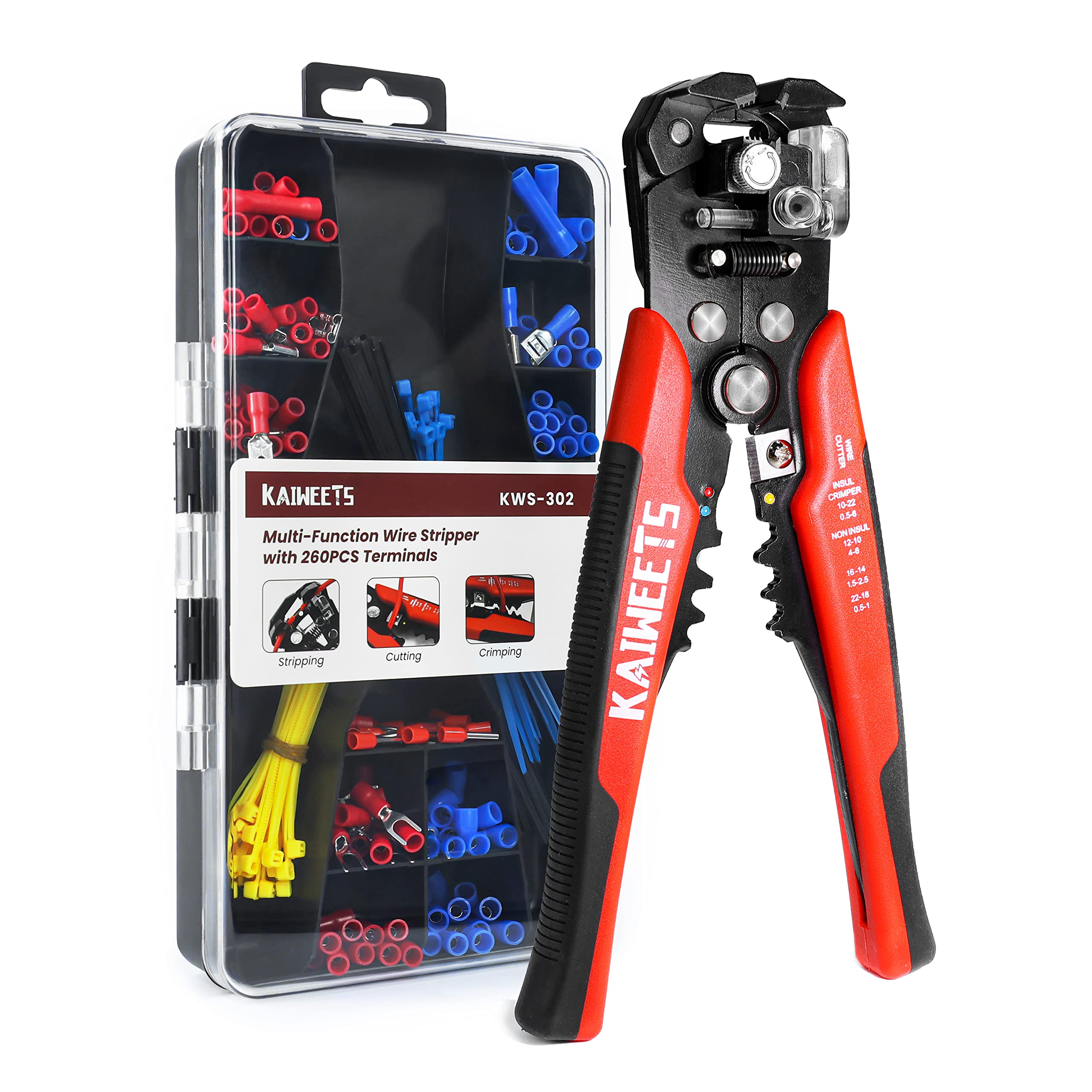 KAIWEETS 3-in-1 Automatic Wire Stripper and Crimper Set with 261 Terminals