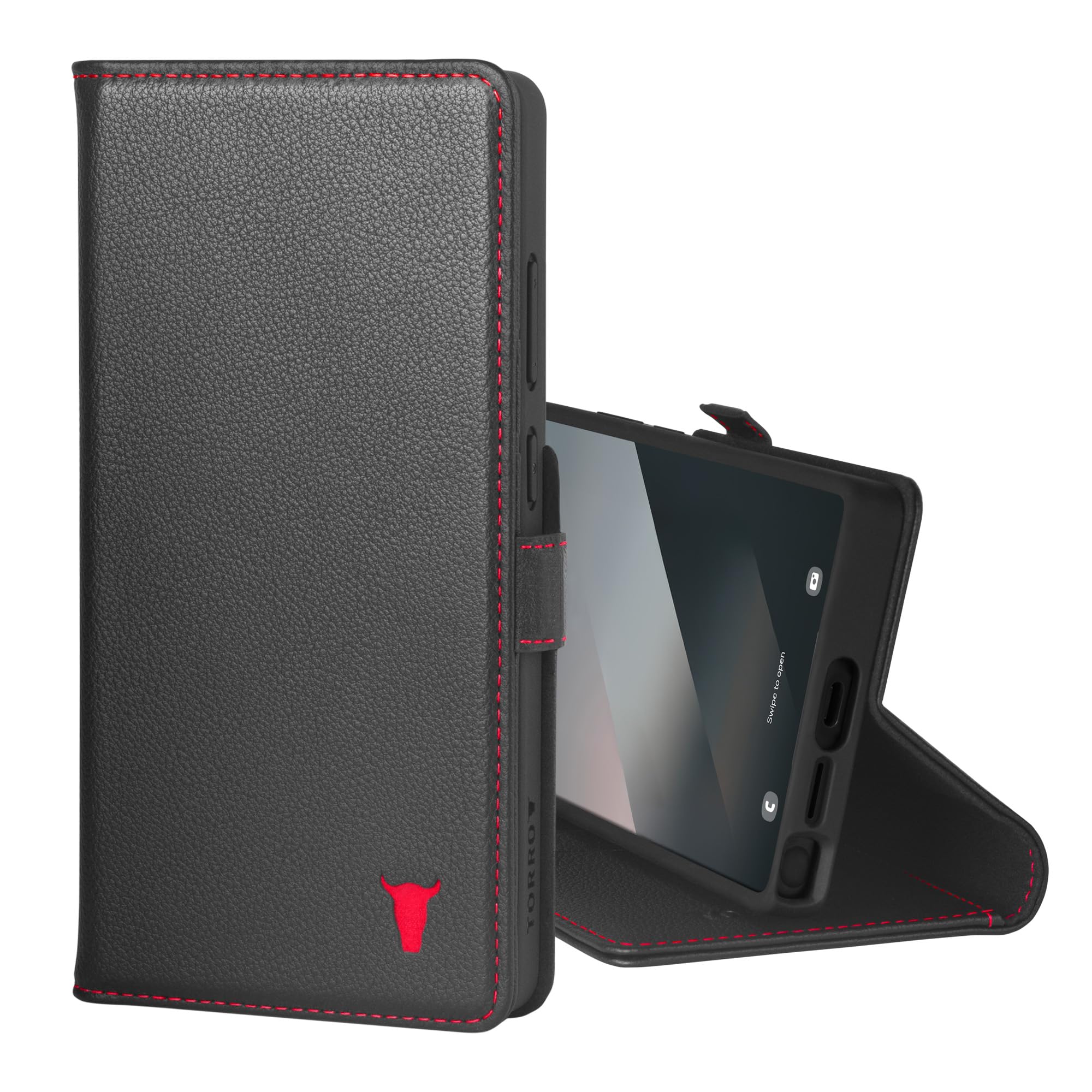 TORRO Leather Wallet Case for Samsung Galaxy S25 Ultra - Black & Red