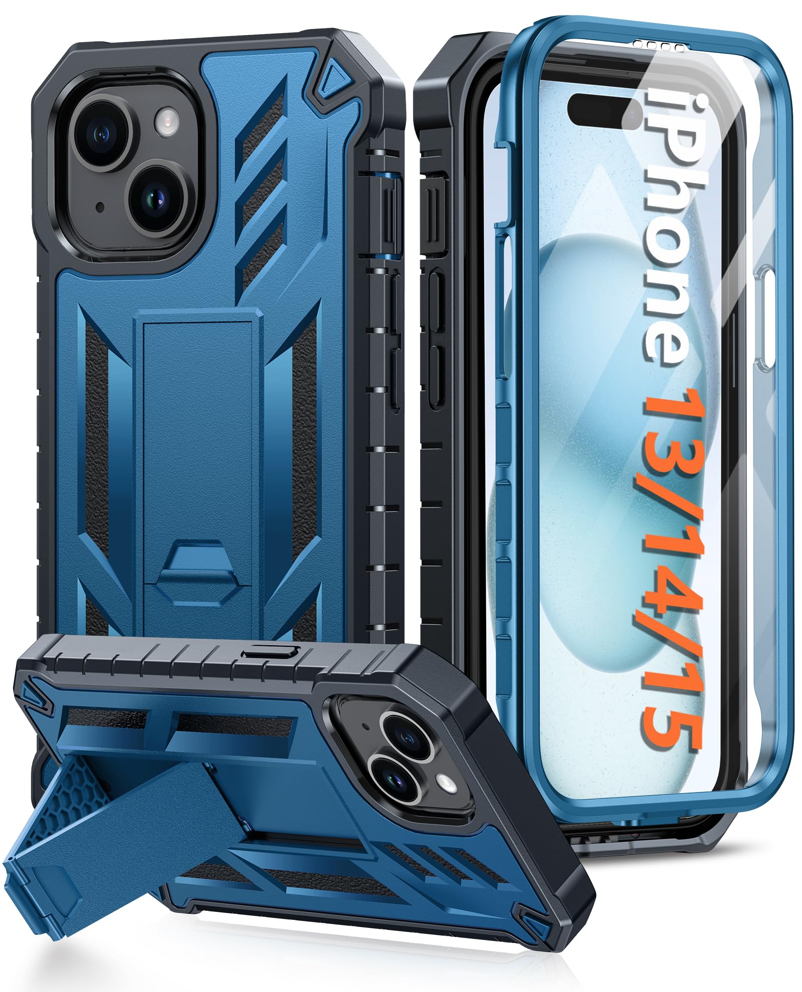 FNTCASE iPhone 15/14/13 Case | Military Grade Shockproof Kickstand - Blue
