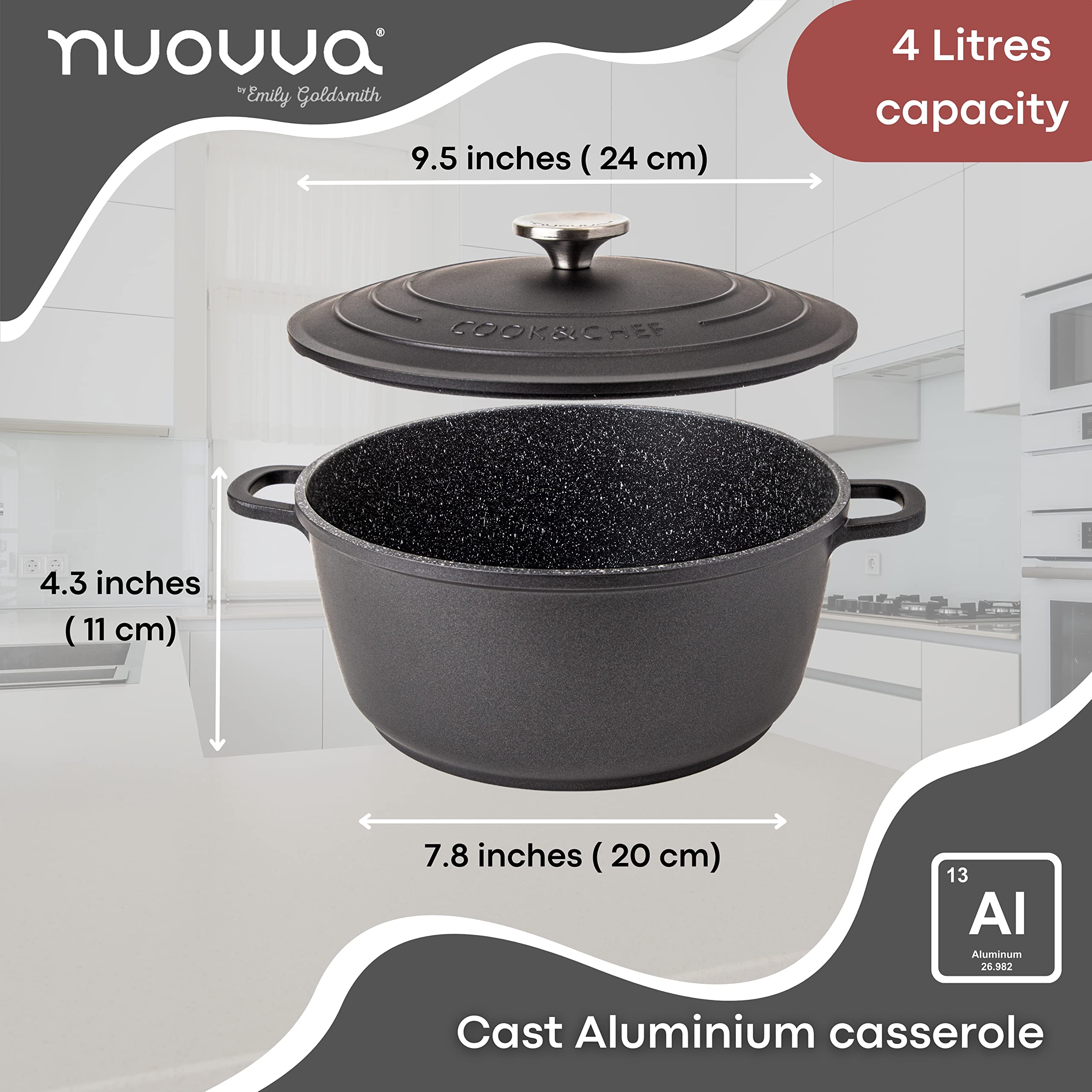 Nuovva Non-Stick Aluminium Casserole Pot – 4L Deep Dutch Oven, 24cm