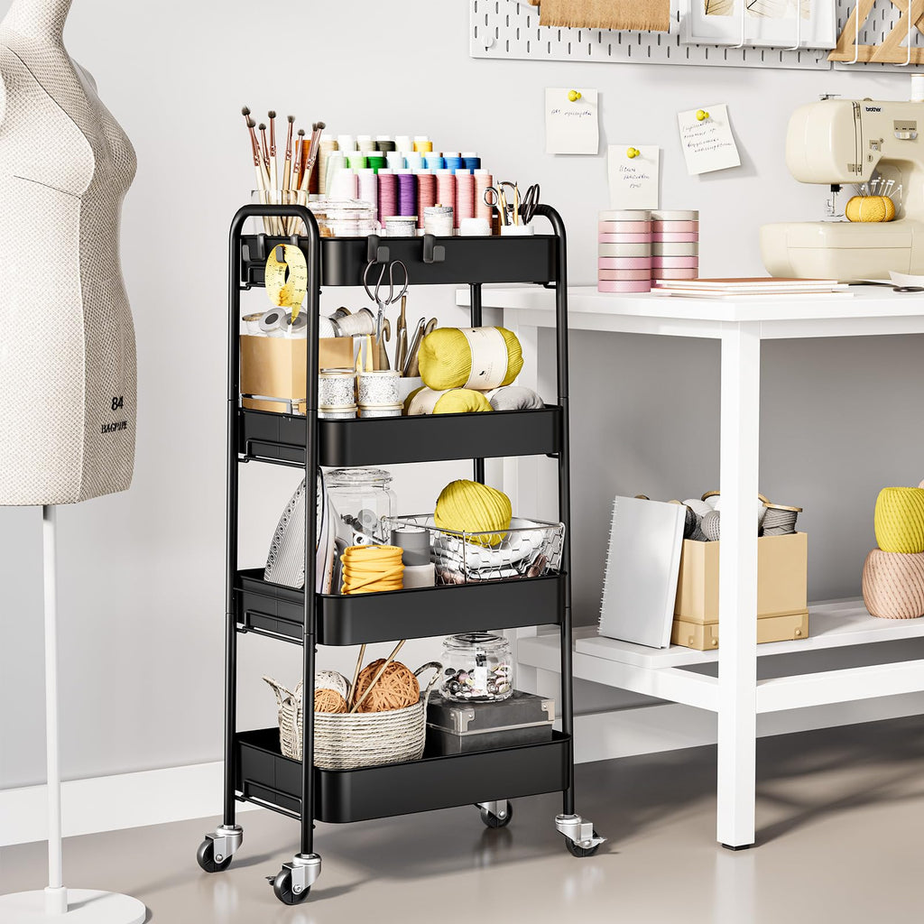 KINGRACK 4-Tier Metal Rolling Utility Cart with Wheels and Hooks – Black