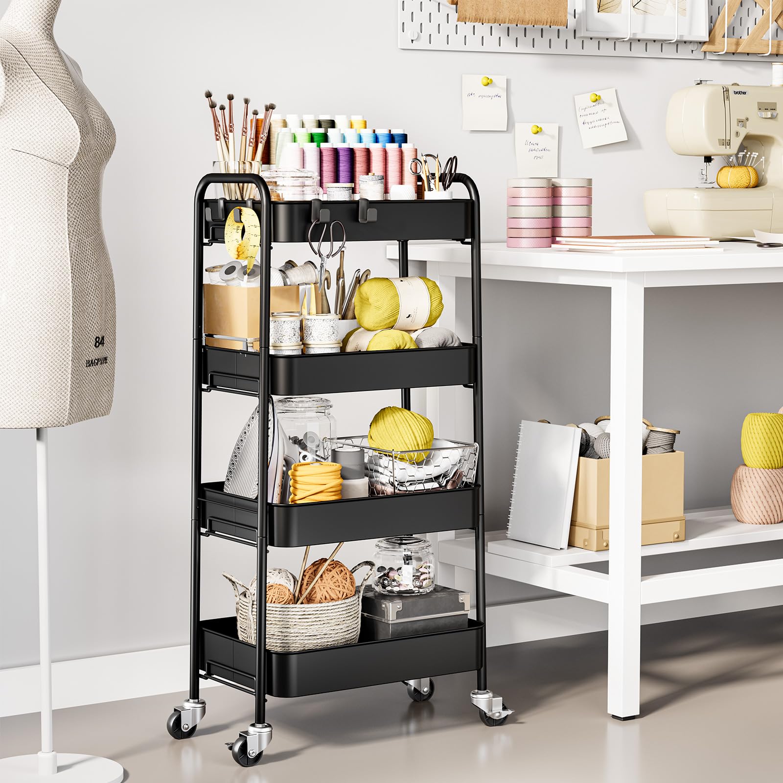 KINGRACK 4-Tier Metal Rolling Utility Cart with Wheels and Hooks – Black