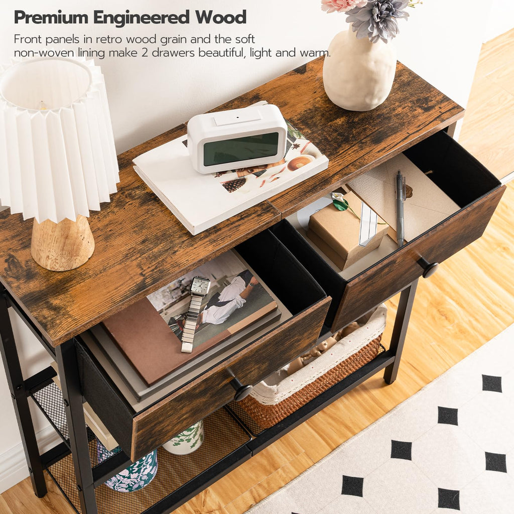 HOOBRO Slim Console Table – 3-Tier Industrial Hallway Table with Drawers