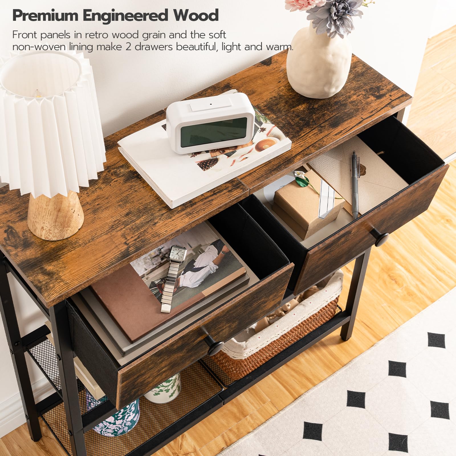 HOOBRO Slim Console Table – 3-Tier Industrial Hallway Table with Drawers