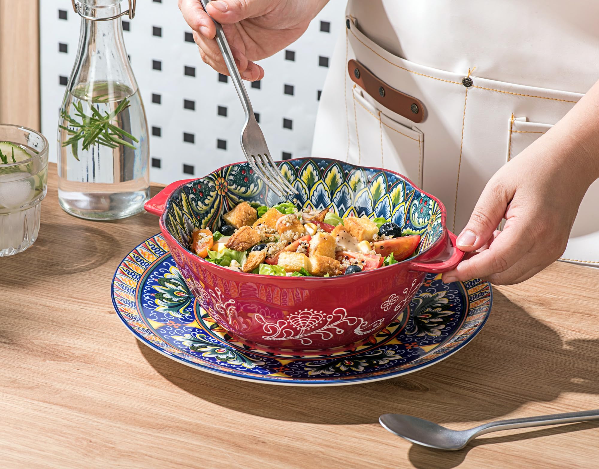 Henten Home Bohemian Ceramic Salad Bowls with Handle, 49 Oz - Set of 2