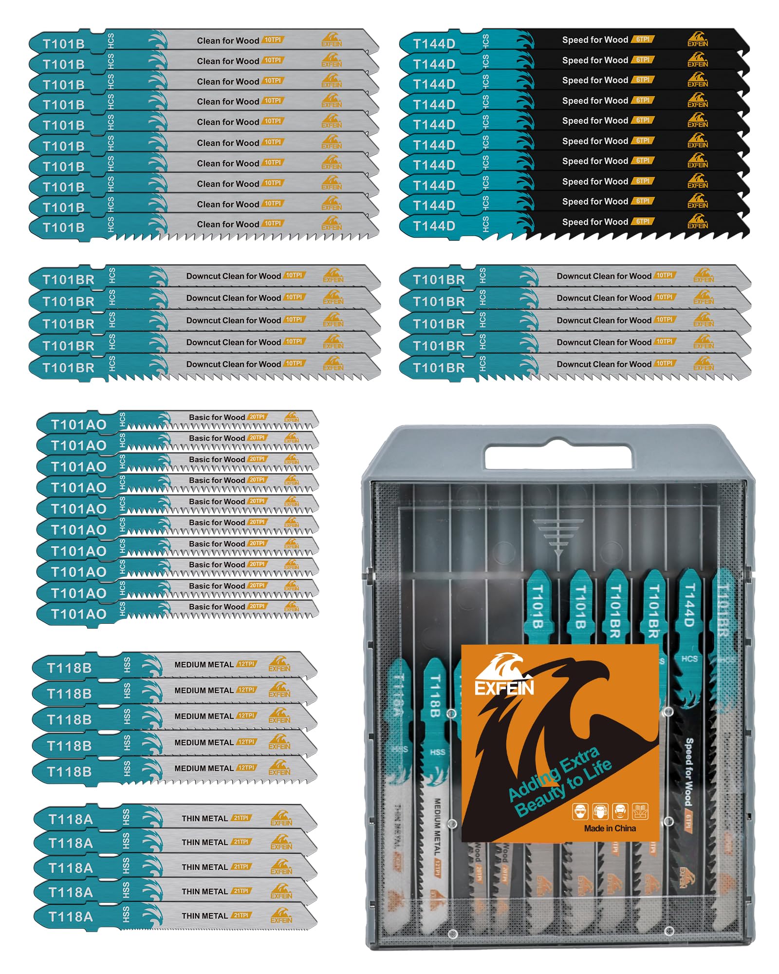 EXFEIN 50-Piece T-Shank Jigsaw Blades Set for Metal and Woodworking