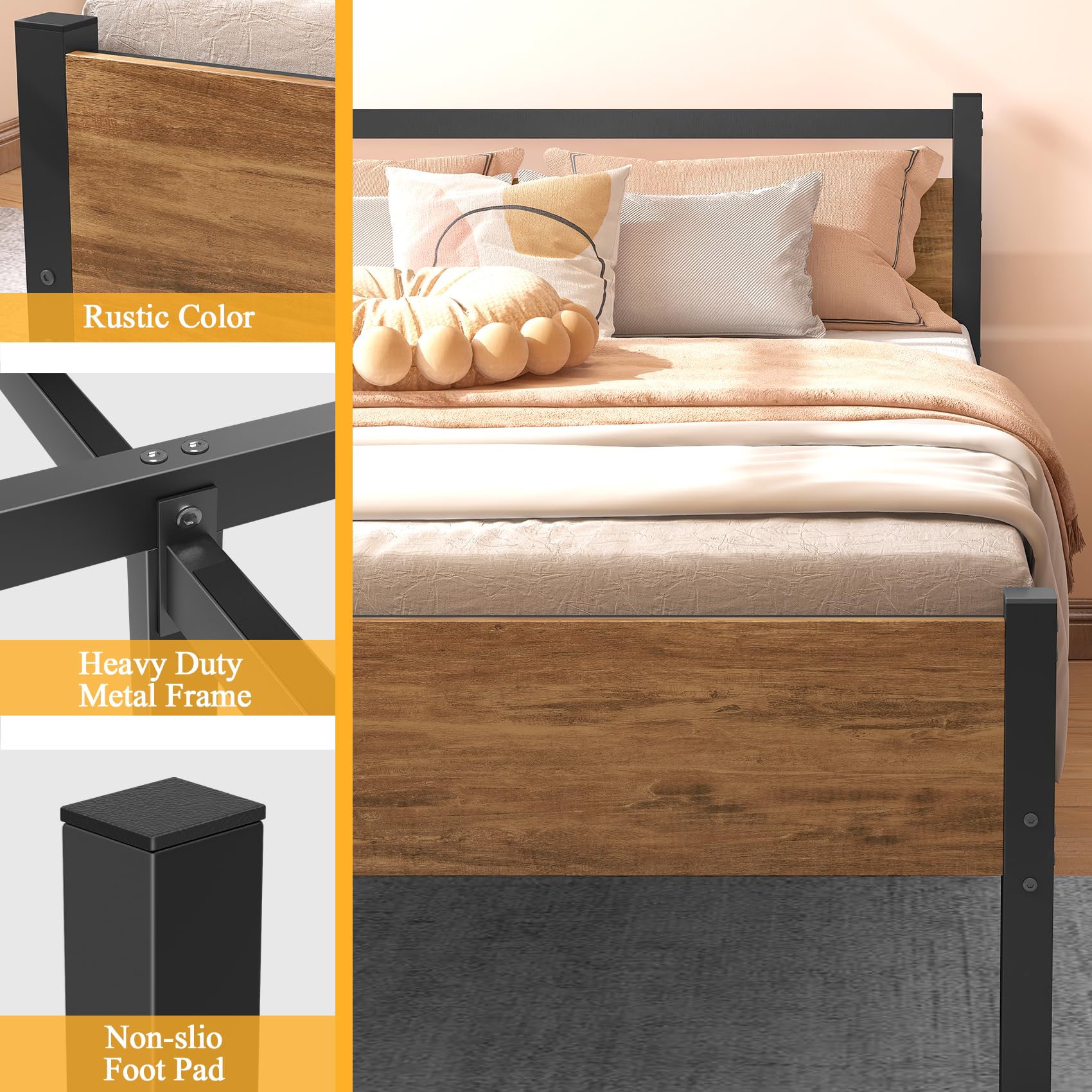 Yornoli Single Metal Platform Bed Frame with Wood Headboard & Storage