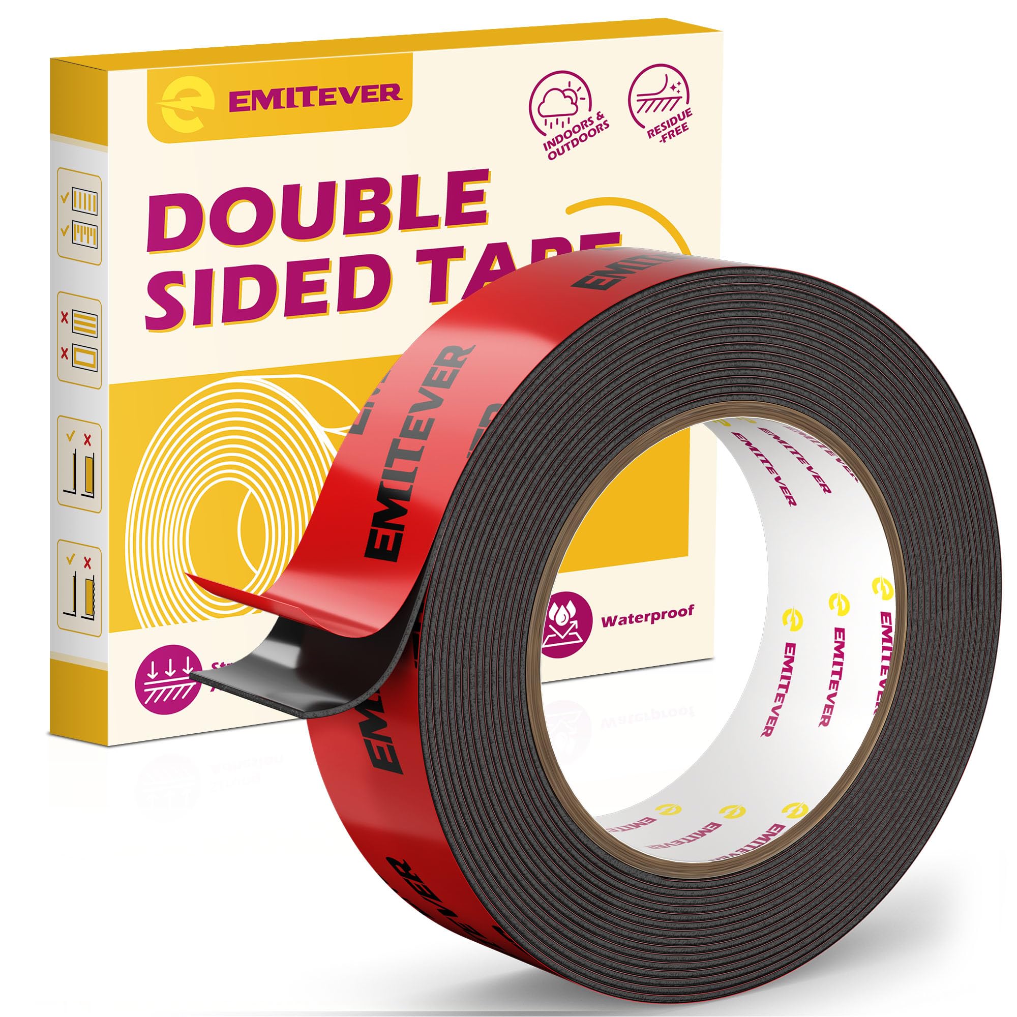 Emitever Heavy Duty Double Sided Mounting Tape – Waterproof Acrylic Foam