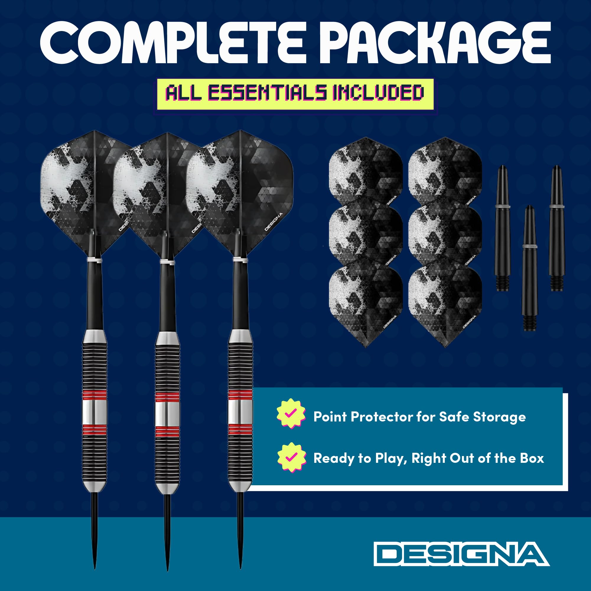Designa Meteor 90% Tungsten Steel Tip Darts – Heavy 44g Ringed Grip Set