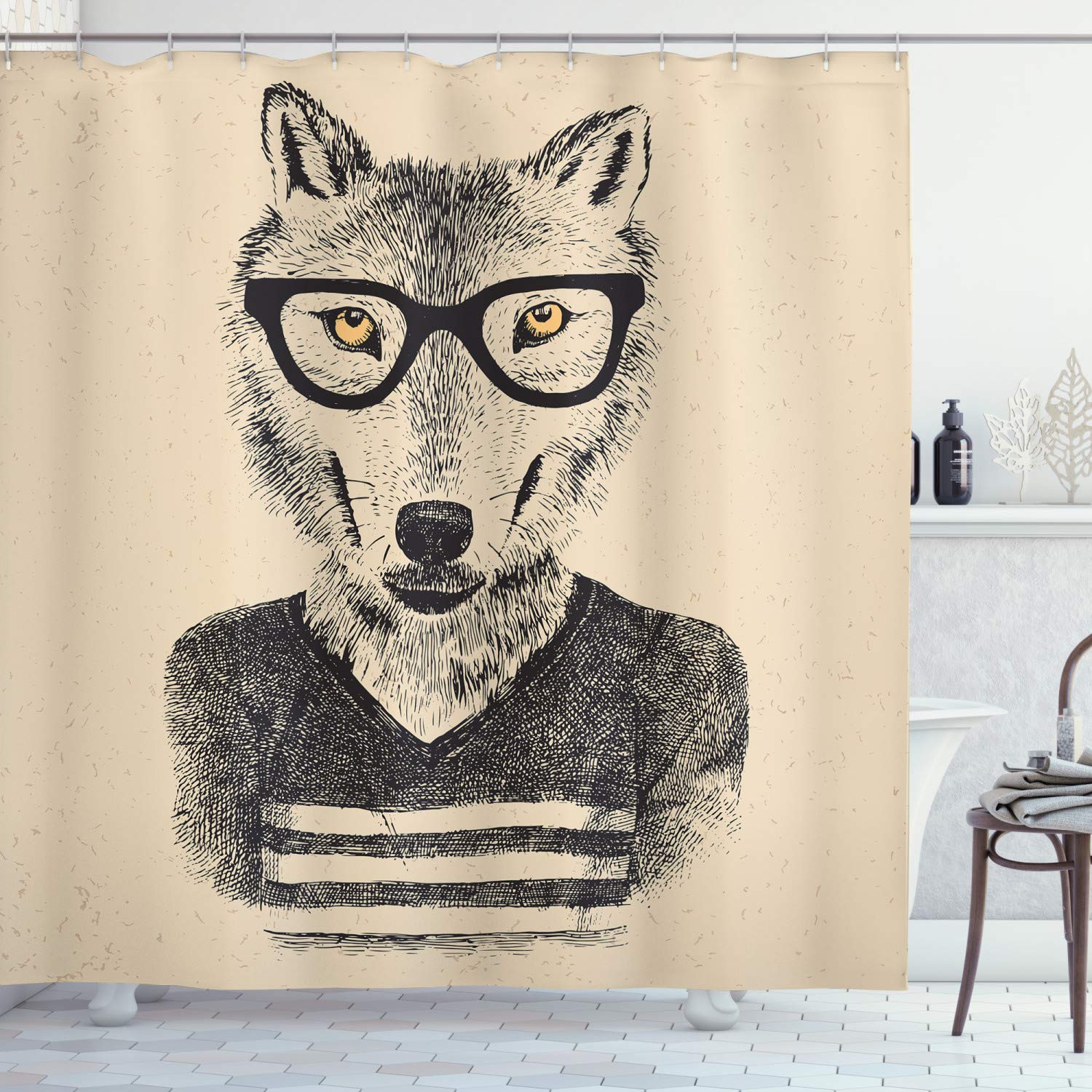 ABAKUHAUS Wolf Hipster Shower Curtain | Waterproof Fabric Bathroom Decor