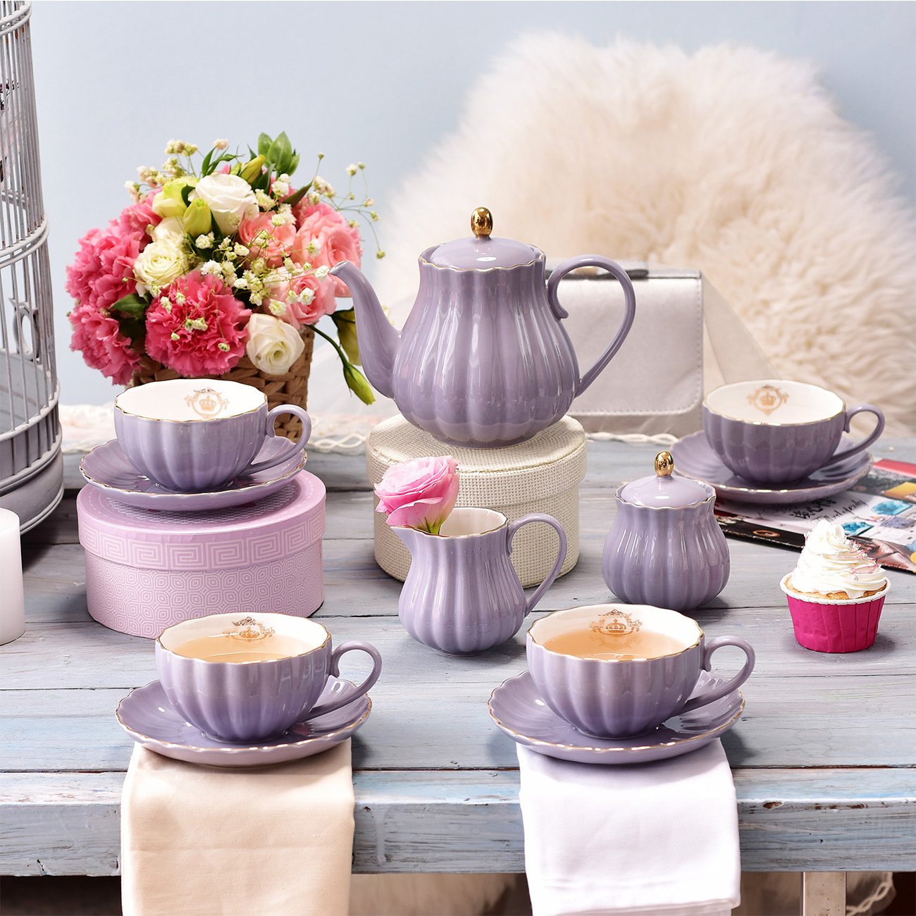 Sweejar Home Royal Porcelain Tea Set - 21-Piece Pumpkin Ceramic Set, Purple