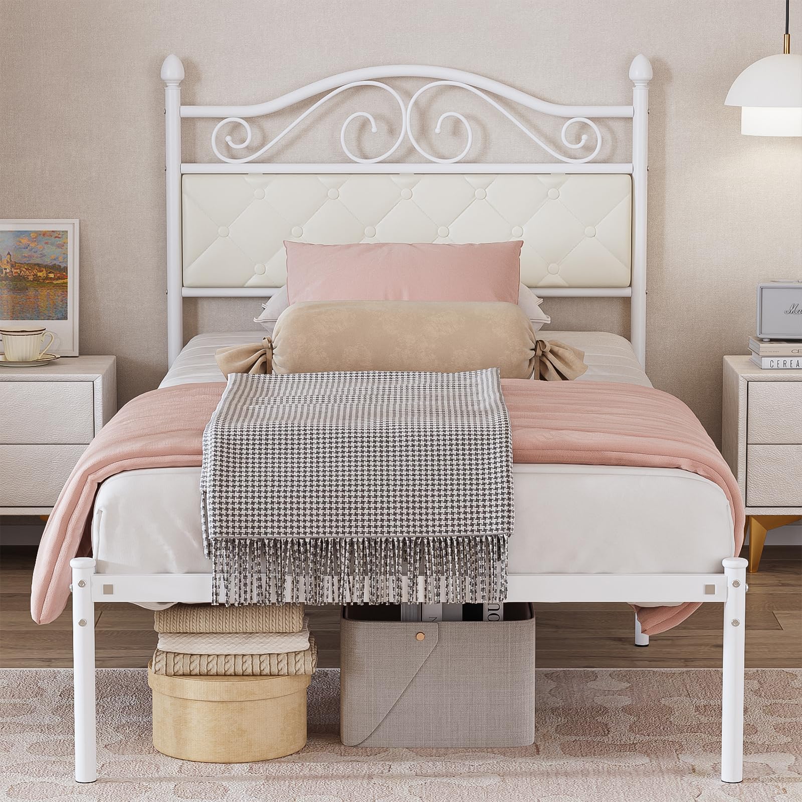 Ulifance 3ft Single Metal Platform Bed with Upholstered Headboard