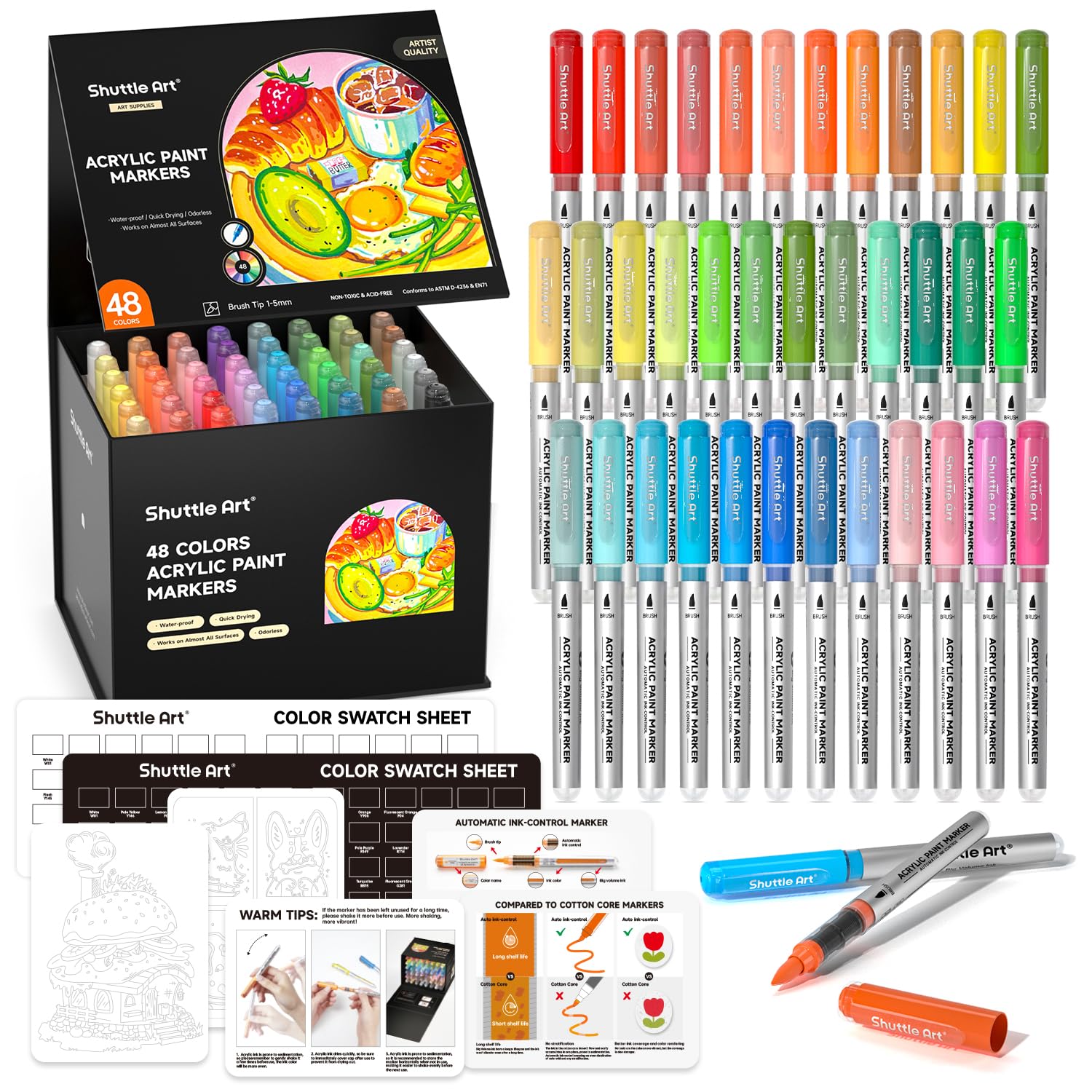 Shuttle Art 48 Colors Acrylic Paint Pens – Brush Tip Markers for Rock Painting