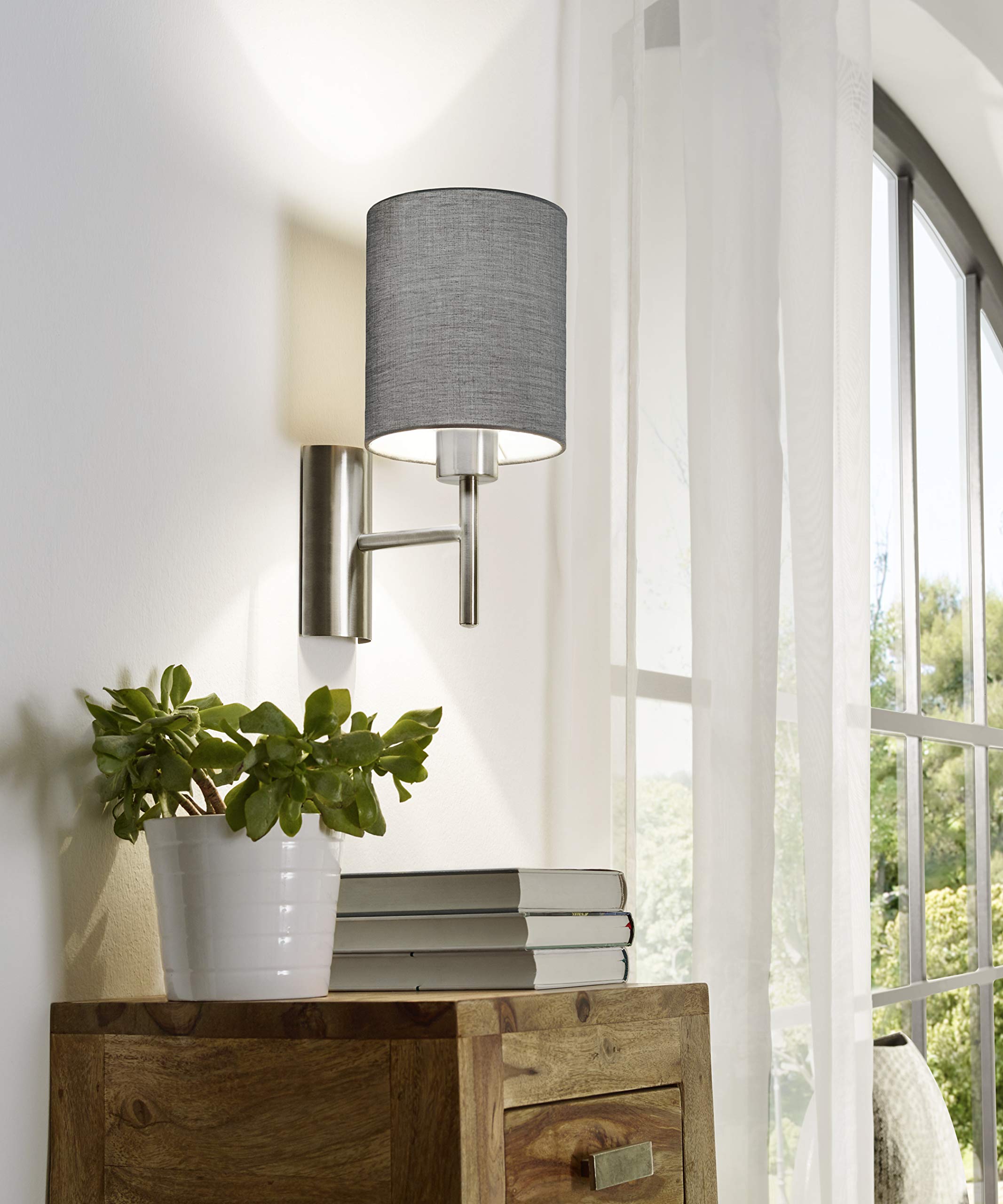 Eglo Pasteri Grey Fabric Wall Light - Matt Nickel Steel E27 Wall Lamp
