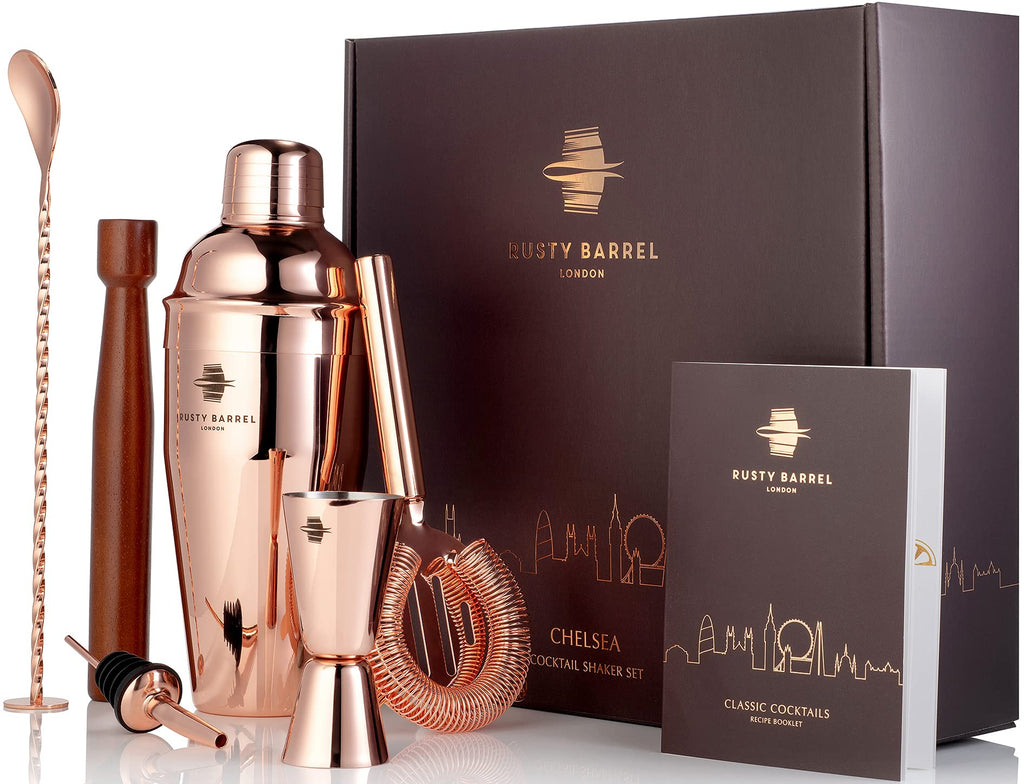 Rusty Barrel Cocktail Making Kit - 8-Piece Rose Gold Shaker Set with Gift Box