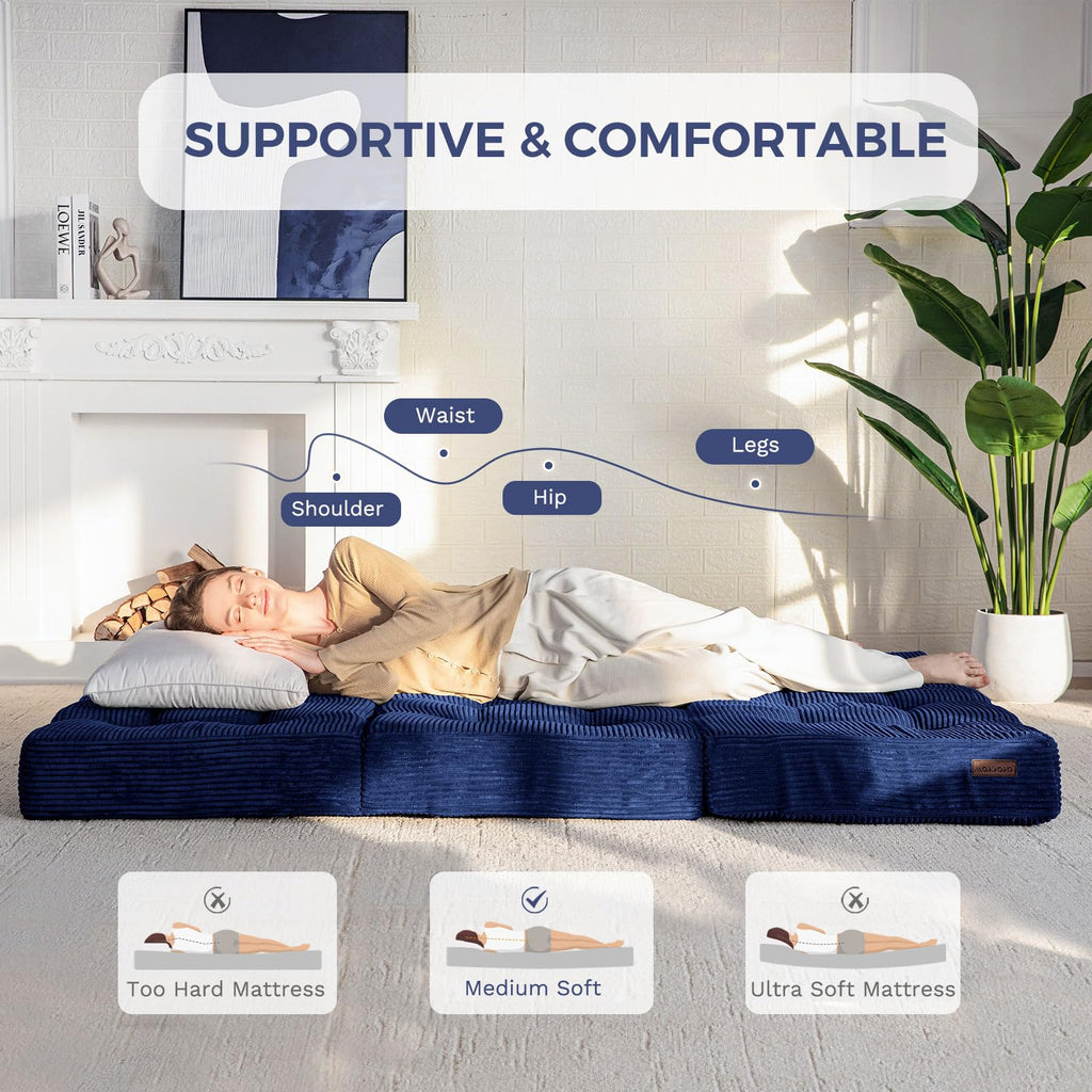 MAXYOYO Folding Mattress, Comfy Corduroy Foldable Mattress with 15cm Thicken Foam, Tri-Fold Floor Futon Sofa Bed for Guest,Dark blue,Small Single
