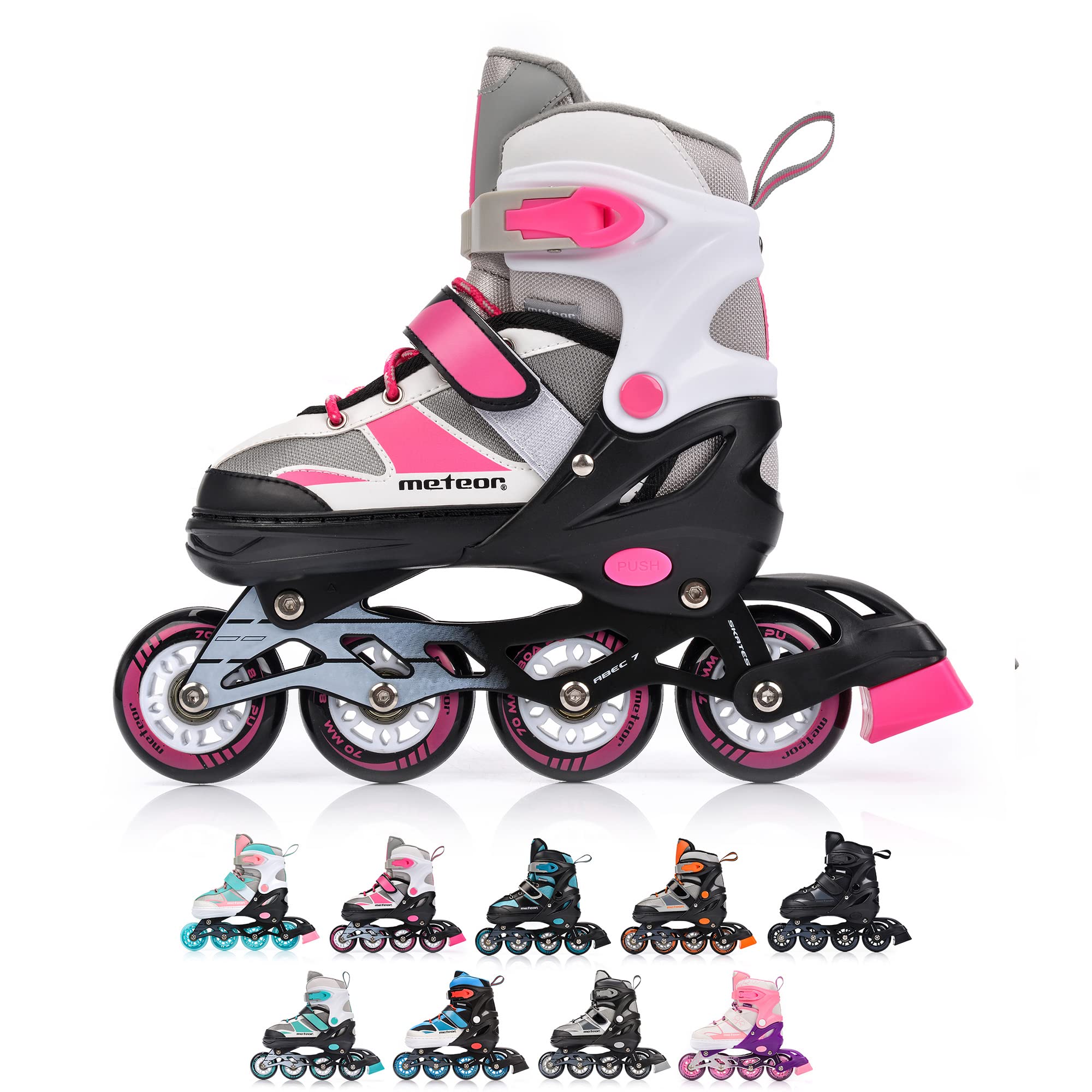 Meteor Kids Adjustable Inline Skates - ABEC 7 Roller Blades - Pink/Grey, M