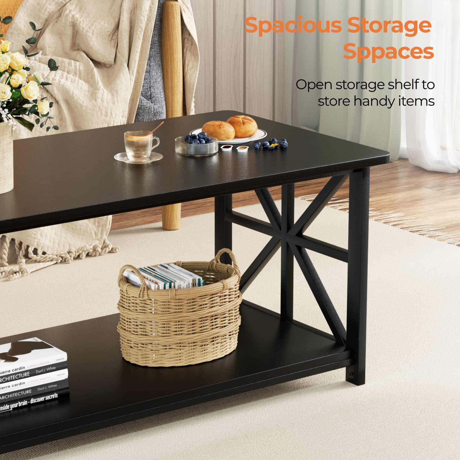 GreenForest 2-Tier Coffee Table – 100cm X-Frame Center Table, Black
