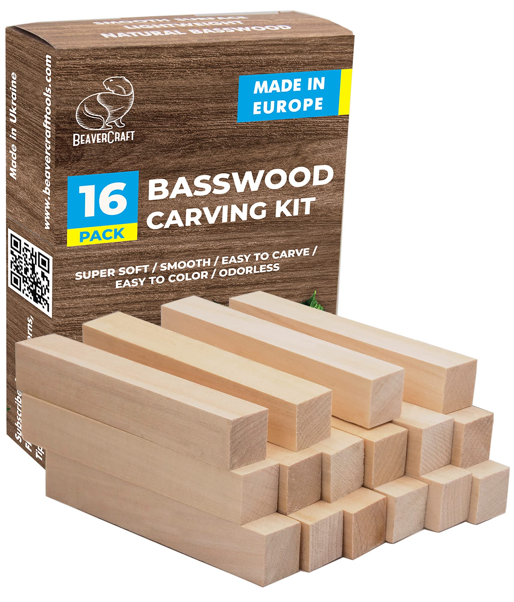 BeaverCraft Basswood Carving Blocks – 16-Piece Beginner Whittling Set