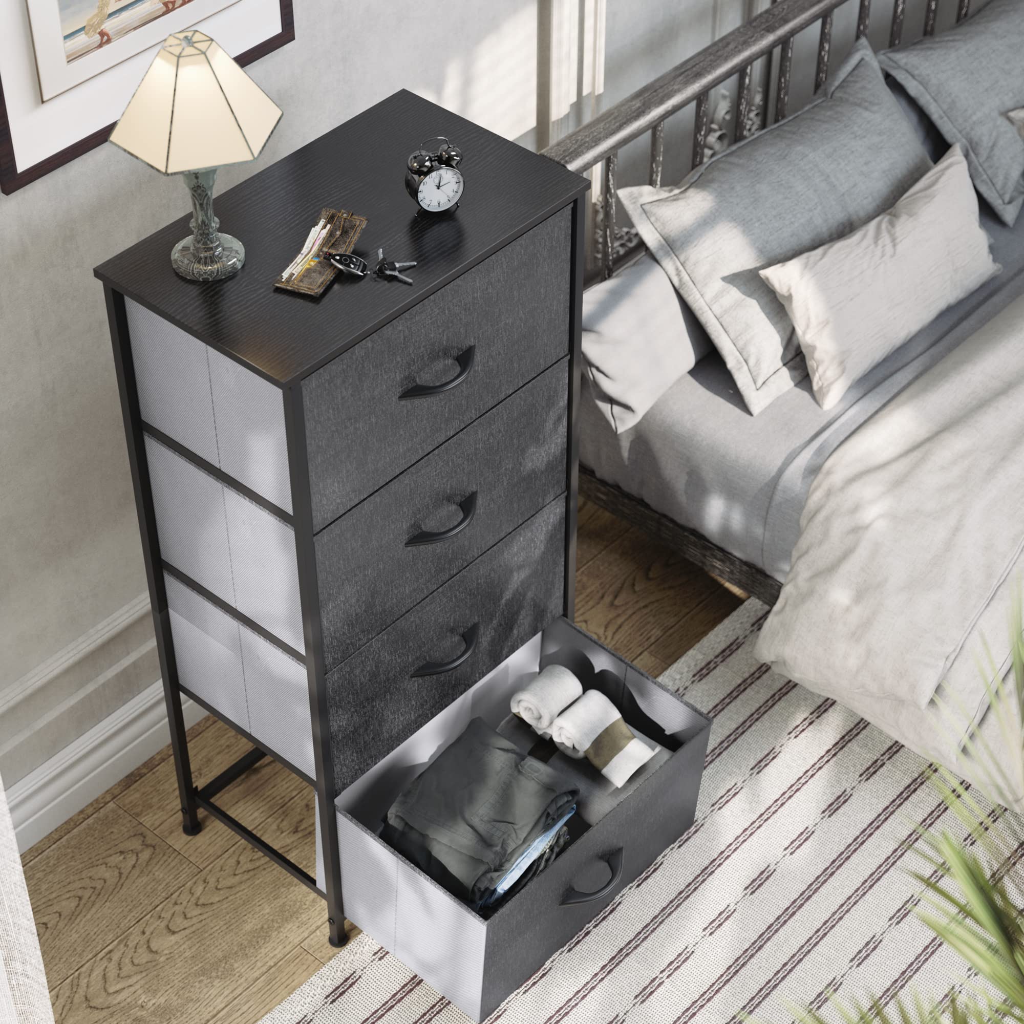 YITAHOME 4-Drawer Fabric Dresser | Modern Chest with Wood Top - Black Grey