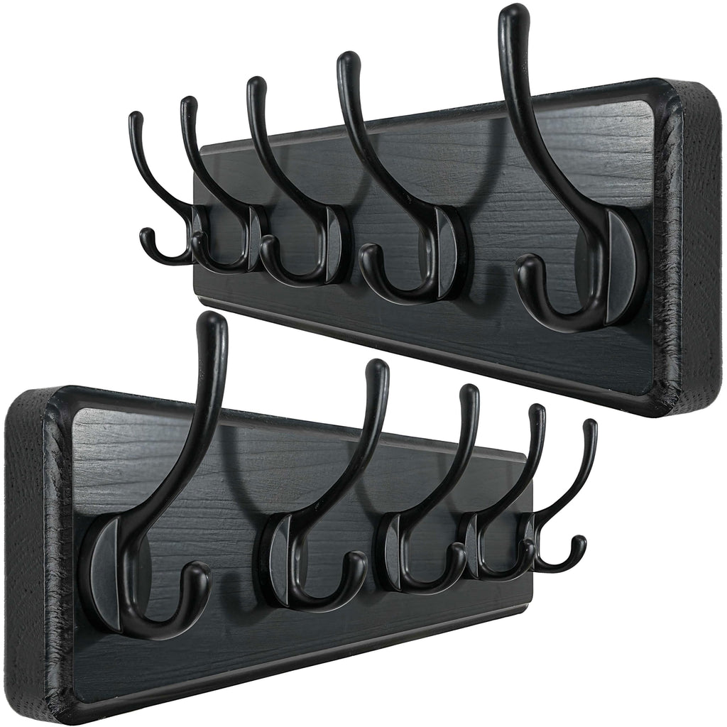 WEBI Solid Wood Wall Mounted Coat Rack – 5 Hooks, Rustic Black, 2 Pack