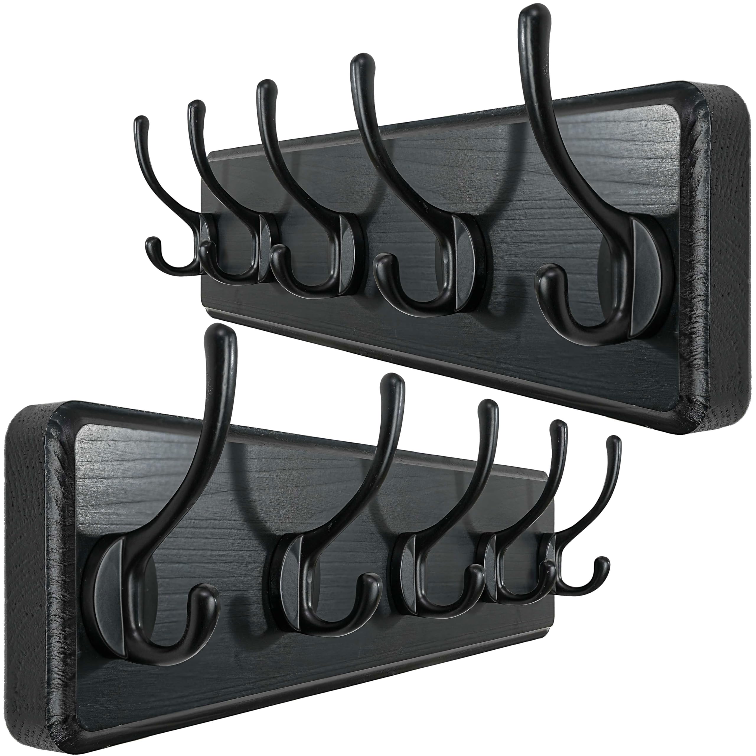 WEBI Solid Wood Wall Mounted Coat Rack – 5 Hooks, Rustic Black, 2 Pack