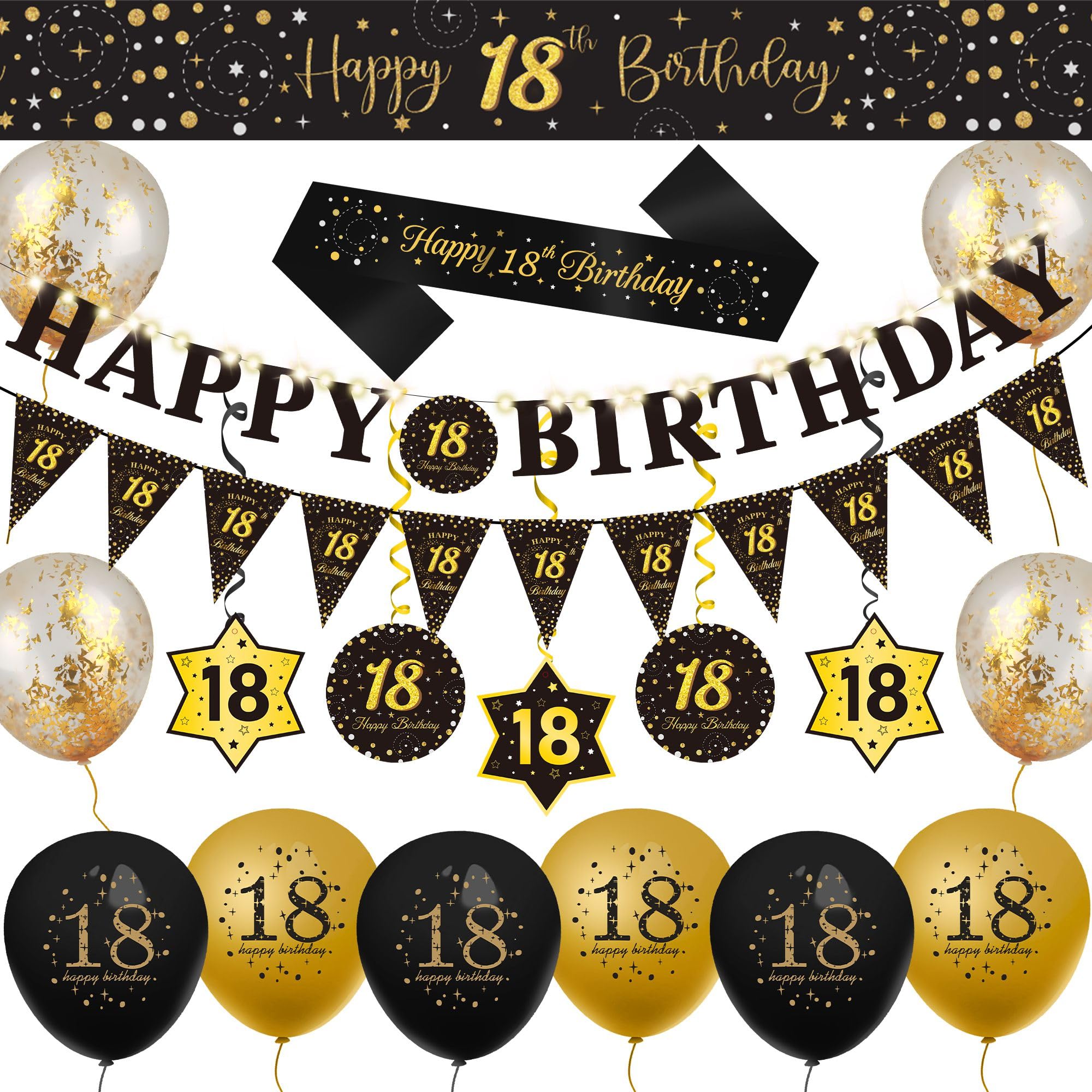 WenmthG 18th Birthday Decorations - 20pc Black & Gold Party Supplies Kit