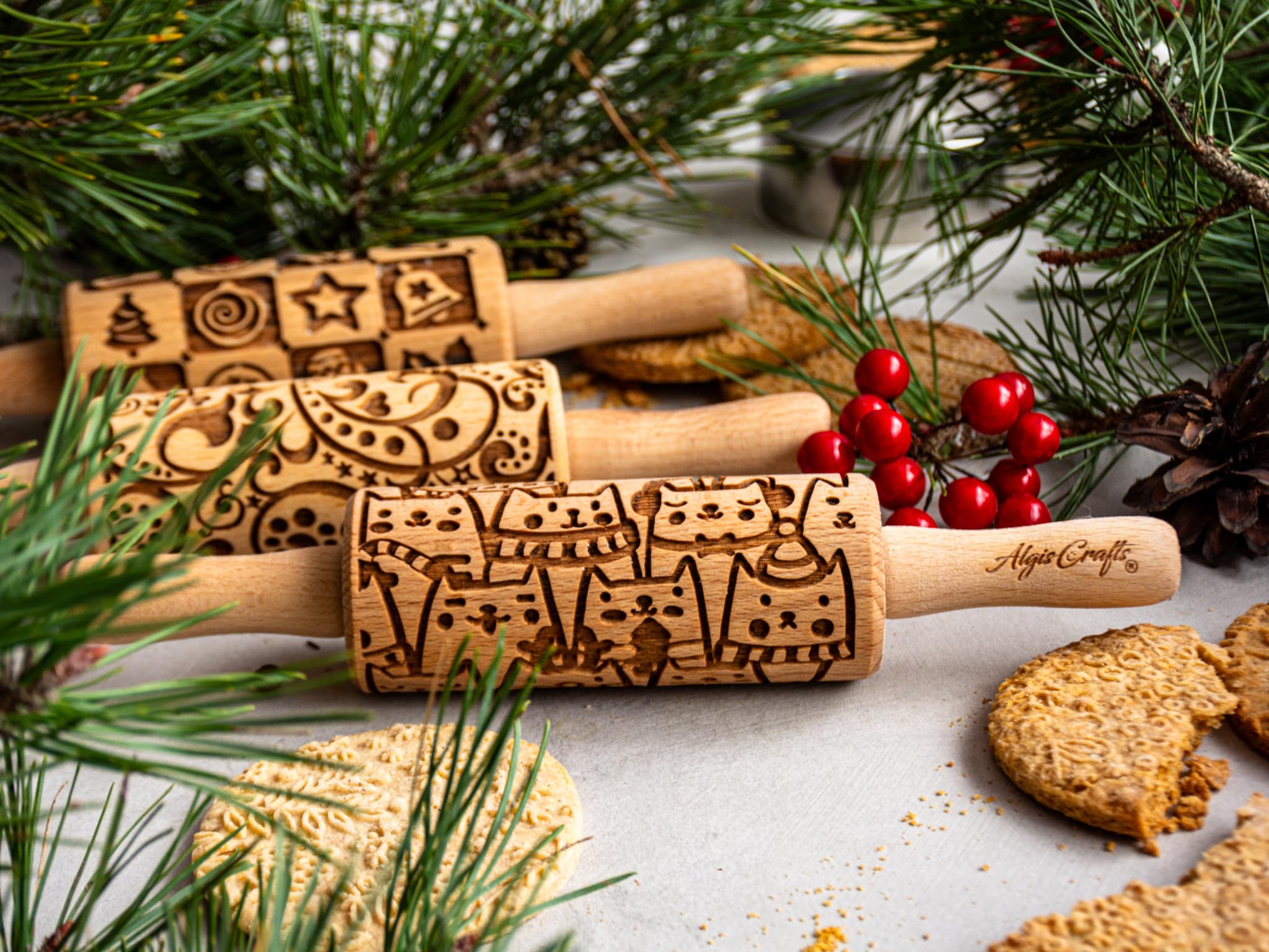 3-Piece Mini Embossed Rolling Pin Set – Engraved Beech Wood