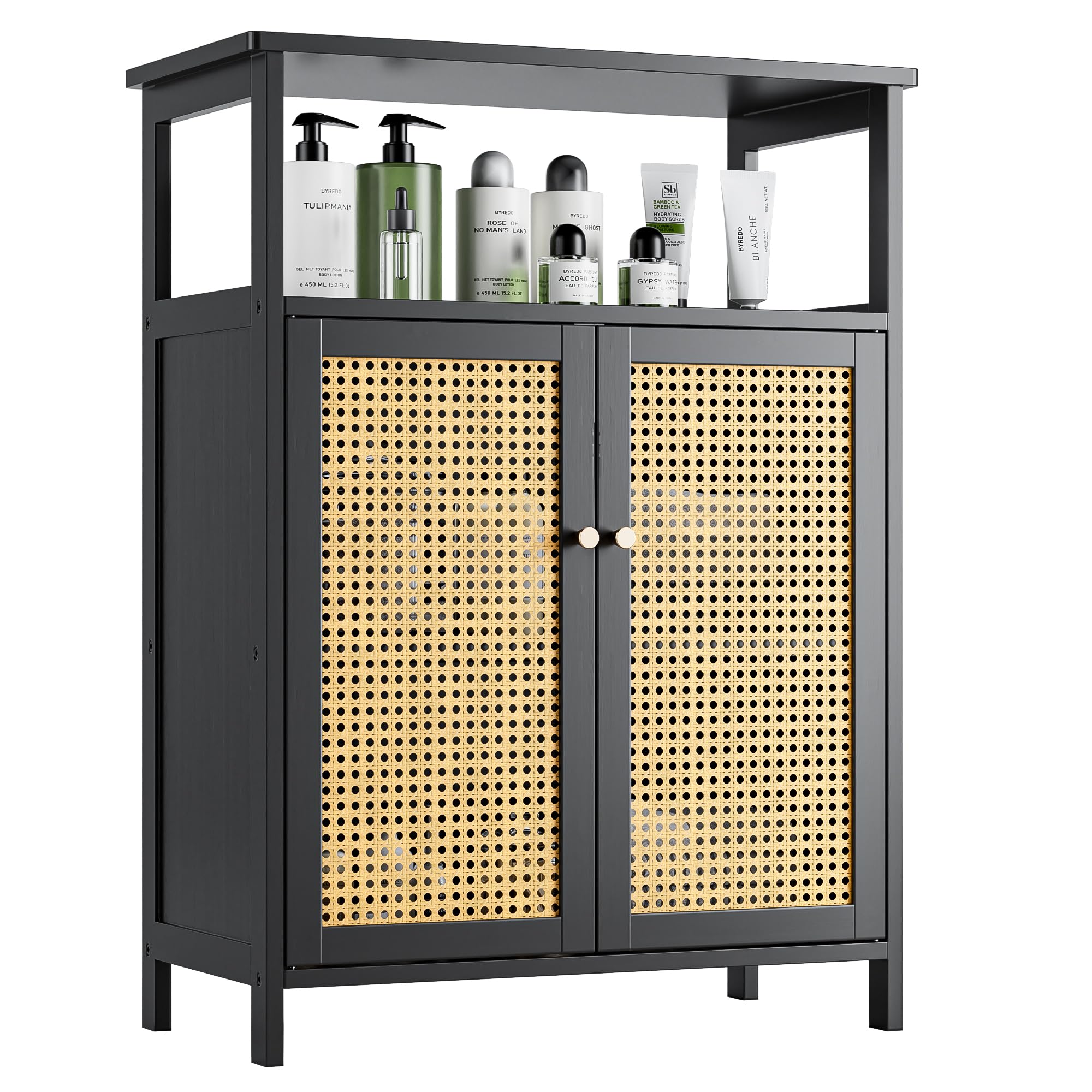Vovala Bamboo Rattan Storage Cabinet | 2-Door Bathroom Organizer - Black