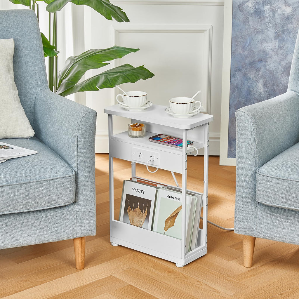 YEAKOO Narrow Side Table with Charging Station | 3-Tier Slim Nightstand