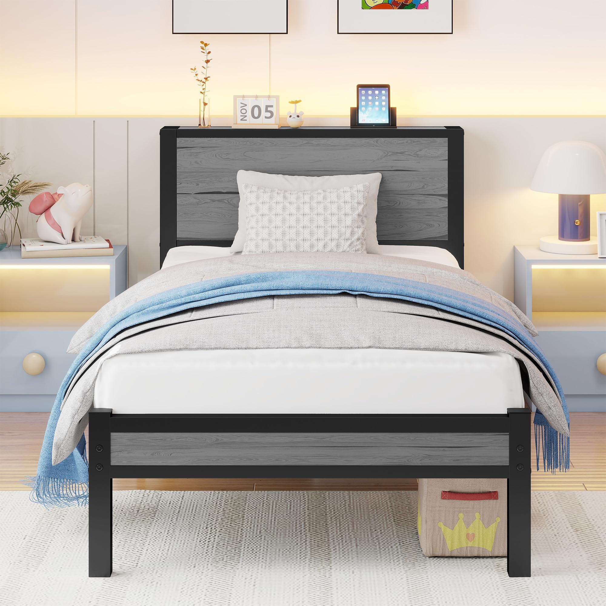 DUMEE 3FT Single Metal Bed Frame with Storage Headboard - Grey Oak