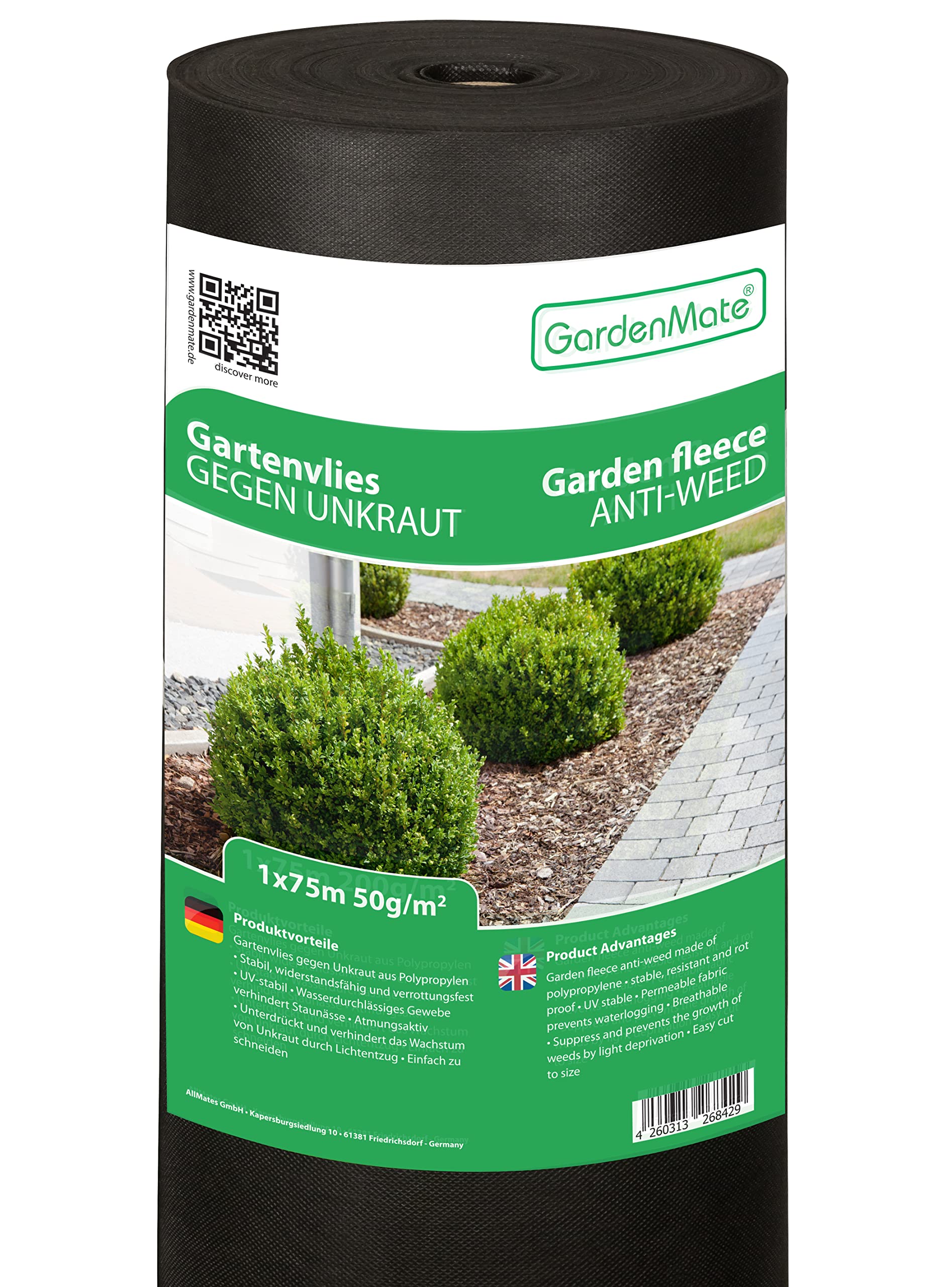 GardenMate 1m x 75m Garden Fleece - 50g/m² UV Stabilised Weed Fabric