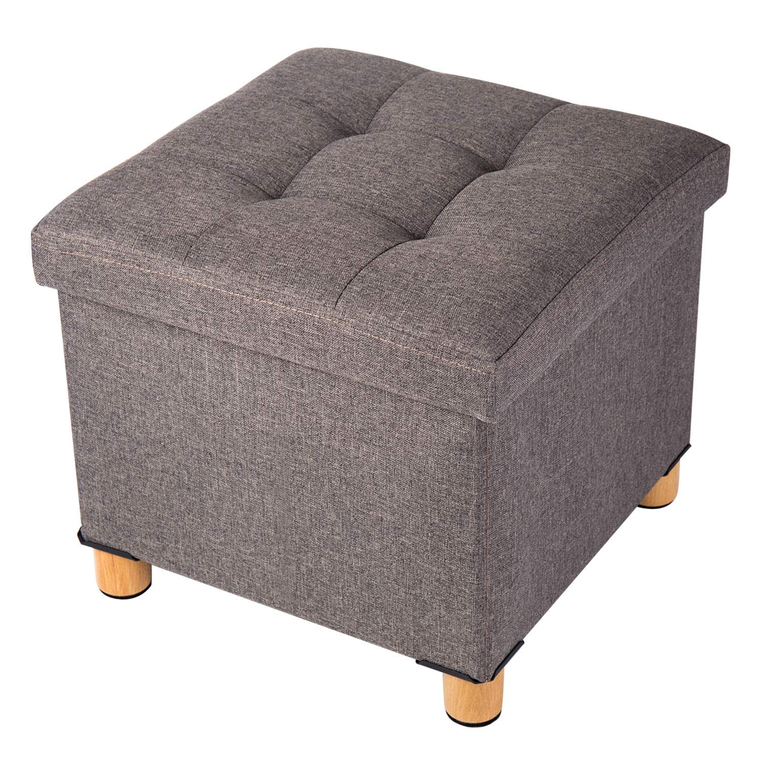 BRIAN & DANY Folding Storage Ottoman | Linen Foot Stool with Wood Legs
