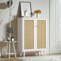 Yvsevnr White Rattan Sideboard – Rustic Wooden Storage Cabinet with Shelves