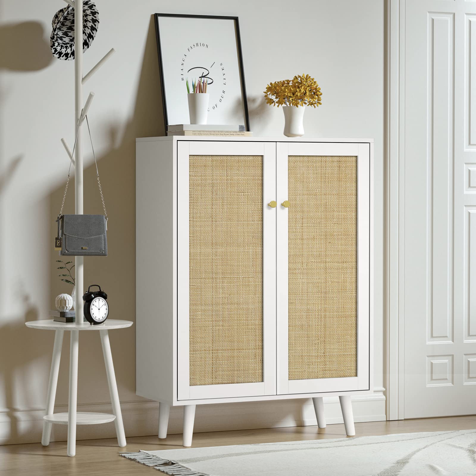 Yvsevnr White Rattan Sideboard – Rustic Wooden Storage Cabinet with Shelves