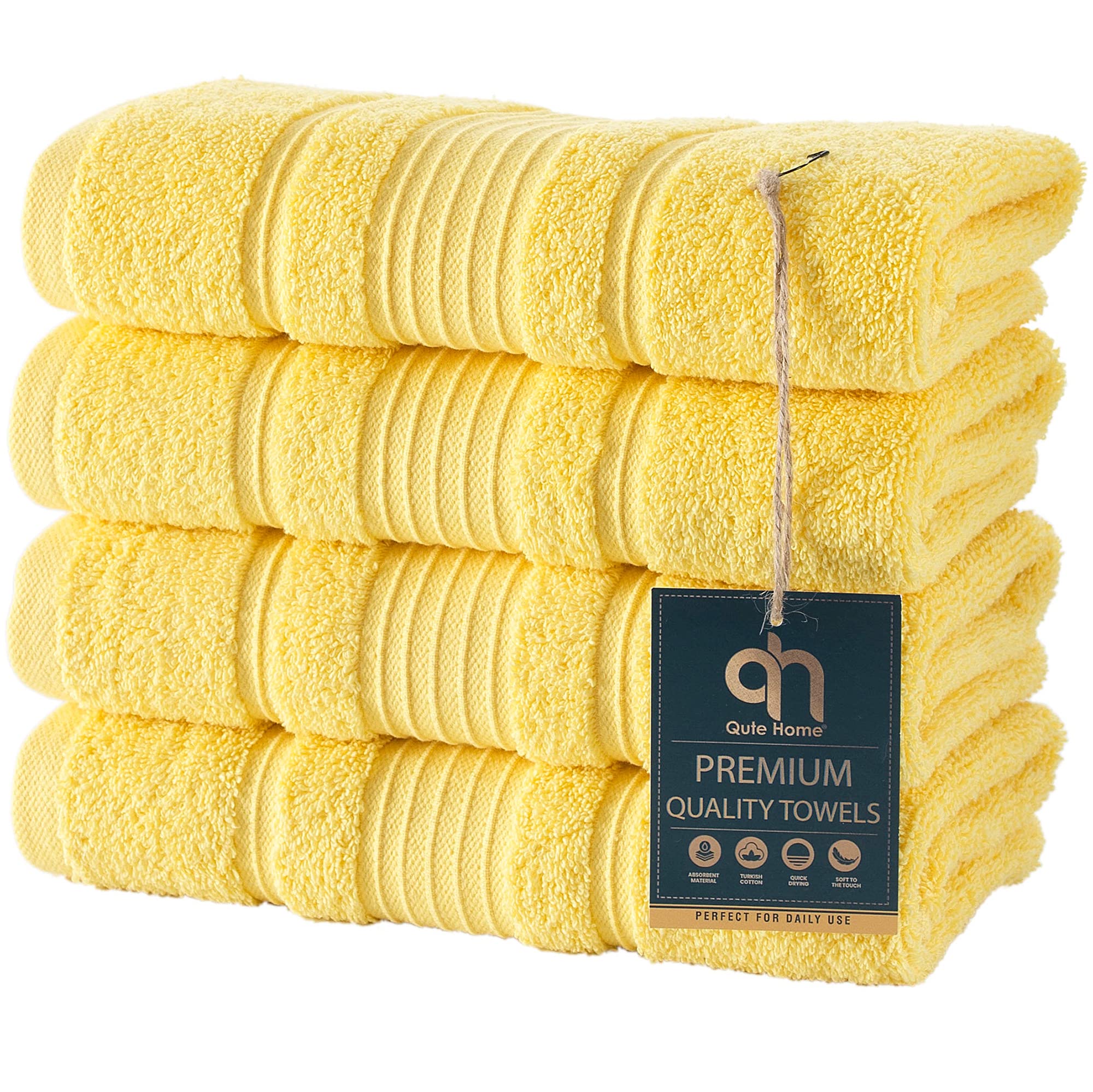 Qute Home Turkish Cotton Hand Towels – 4 Pack Soft Absorbent Yellow