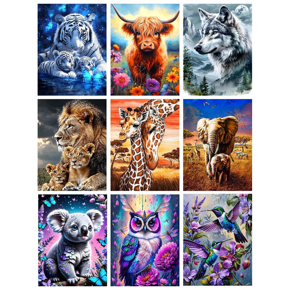 GJSZZO 9 Pack Animal Diamond Painting Kits - 5D Full Drill DIY Art for Adults