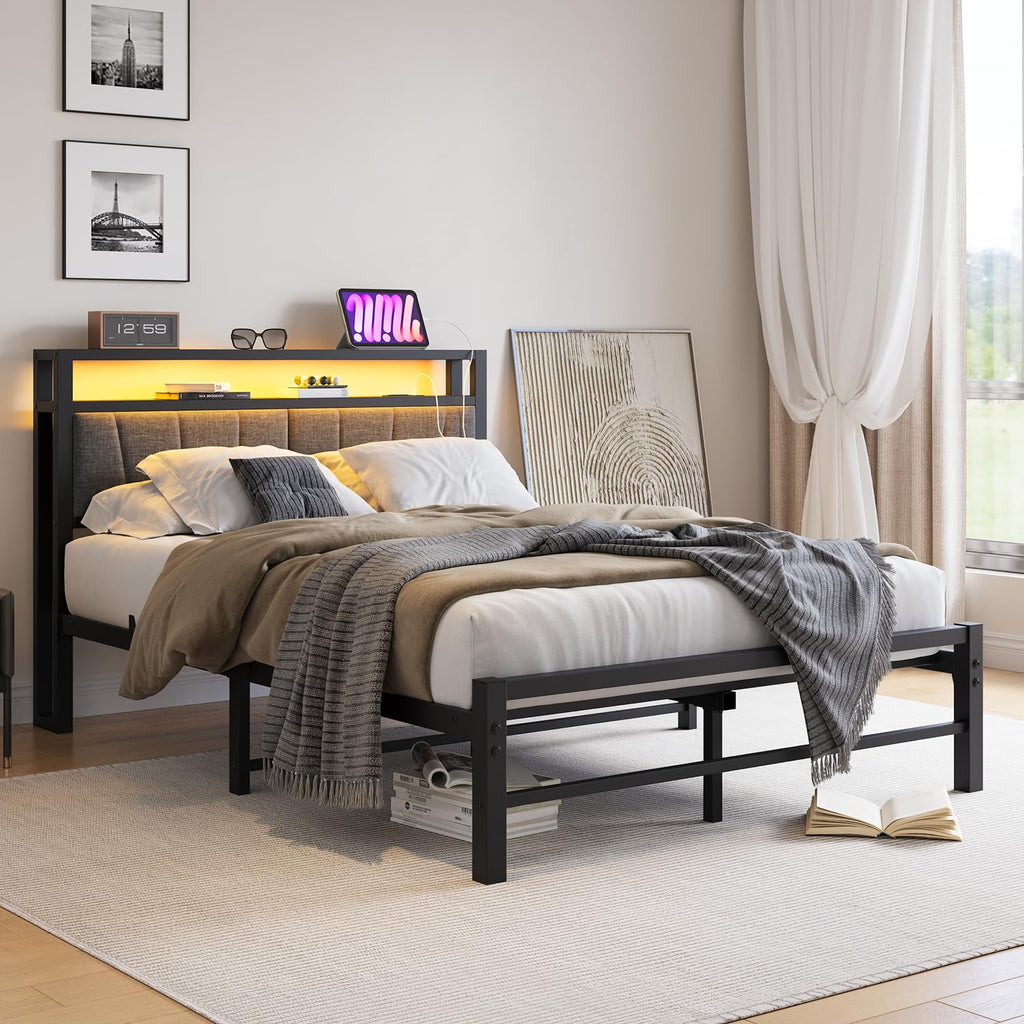 BORPHOM Double Bed Frame with Storage and LED Lights,4ft6 Metal Platform Bed Frame Double Size Bed Base with Charging Station,Mattress Base,Strong - image 2