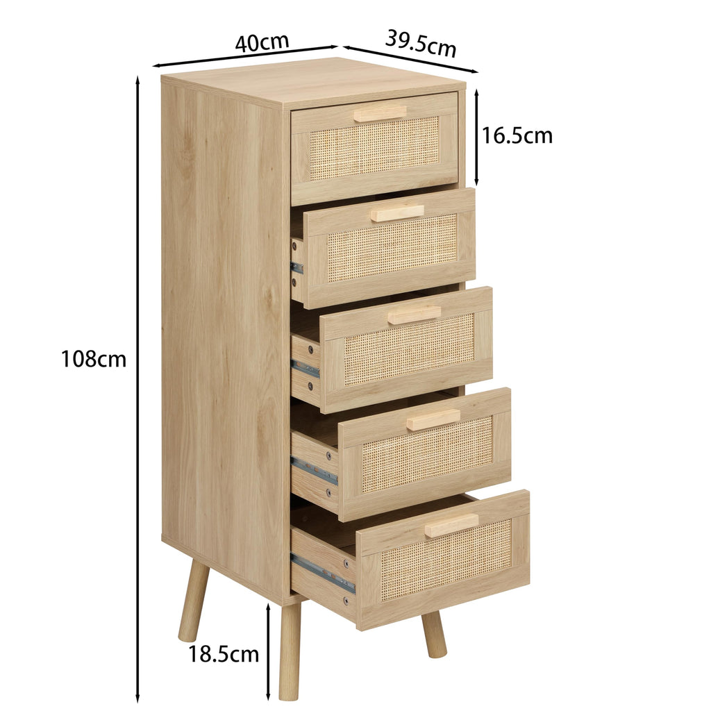 Finnhomy 5-Drawer Rattan Chest of Drawers – Tall Boho Bedroom Dresser