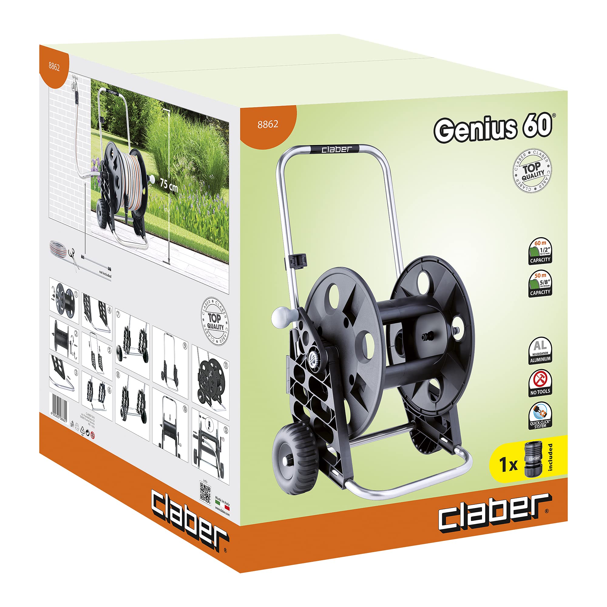 Claber Genius 60 Garden Hose Reel Trolley – 8862 Black Irrigation